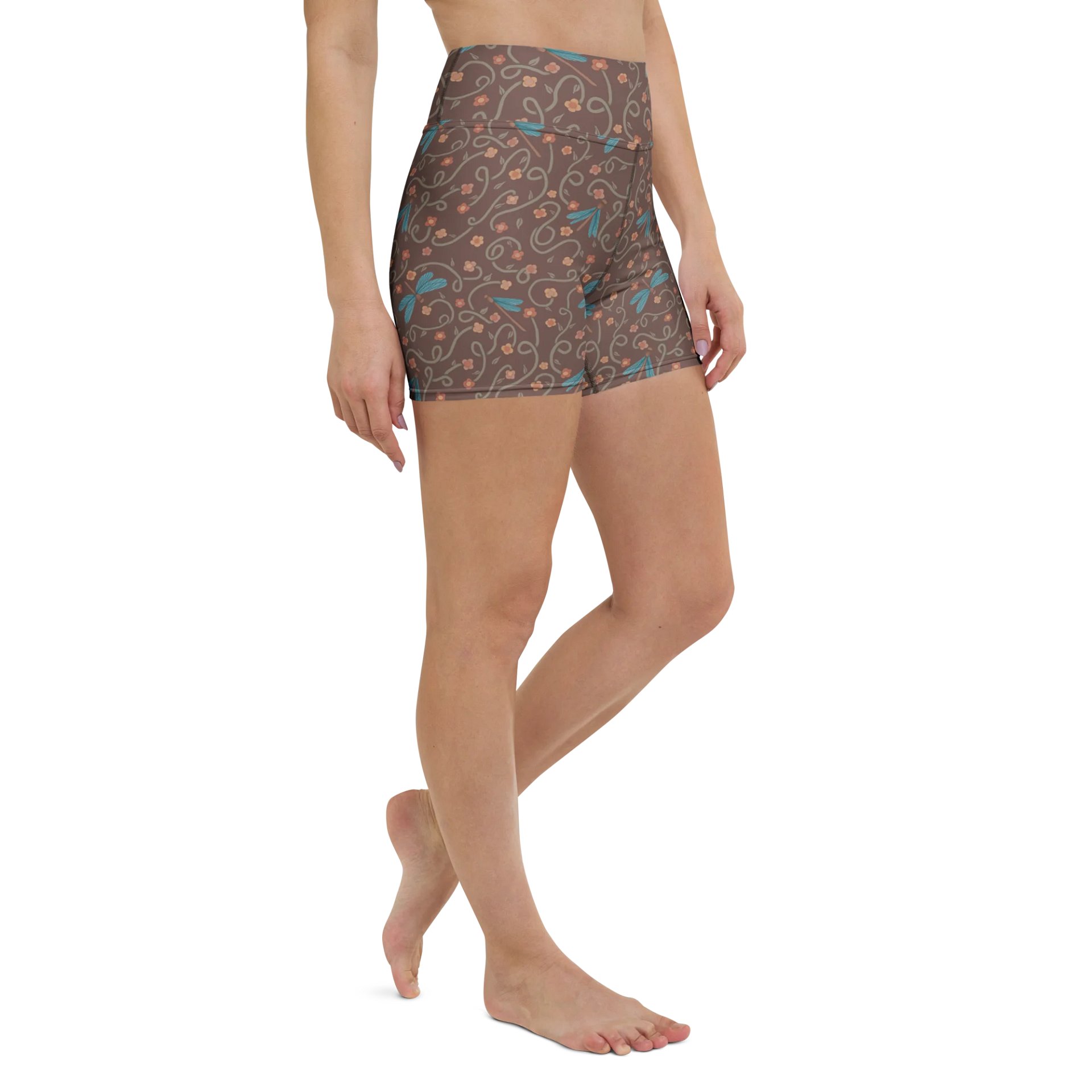 Print yoga shorts with dragonflies and floral pattern. Artistic activewear product image (3)