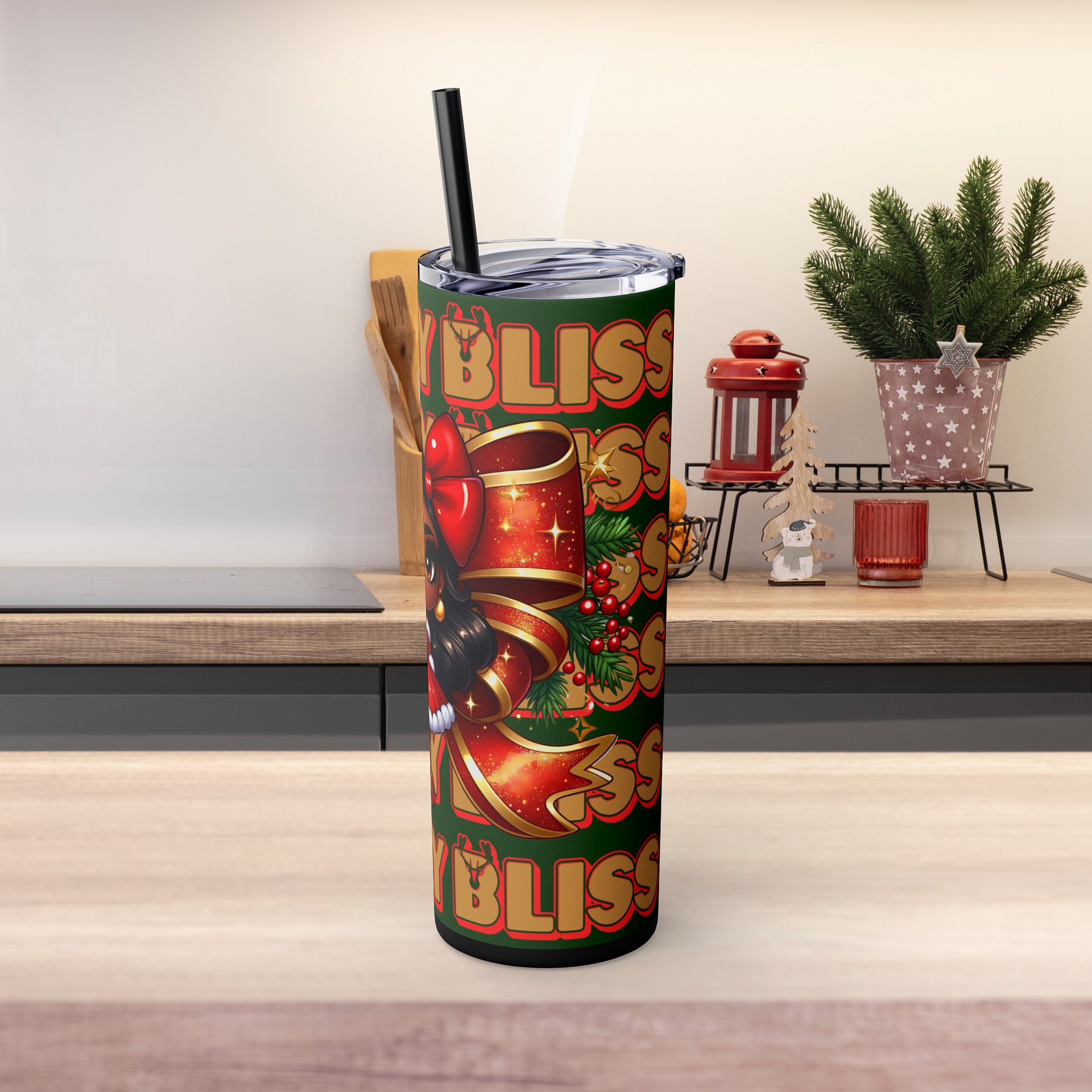 Holiday Bliss Christmas Tumbler Wrap Design, Festive Black Girl Clipart, Christmas Bow Sublimation PNG, Red and Green Holiday Cheer Art product image (4)