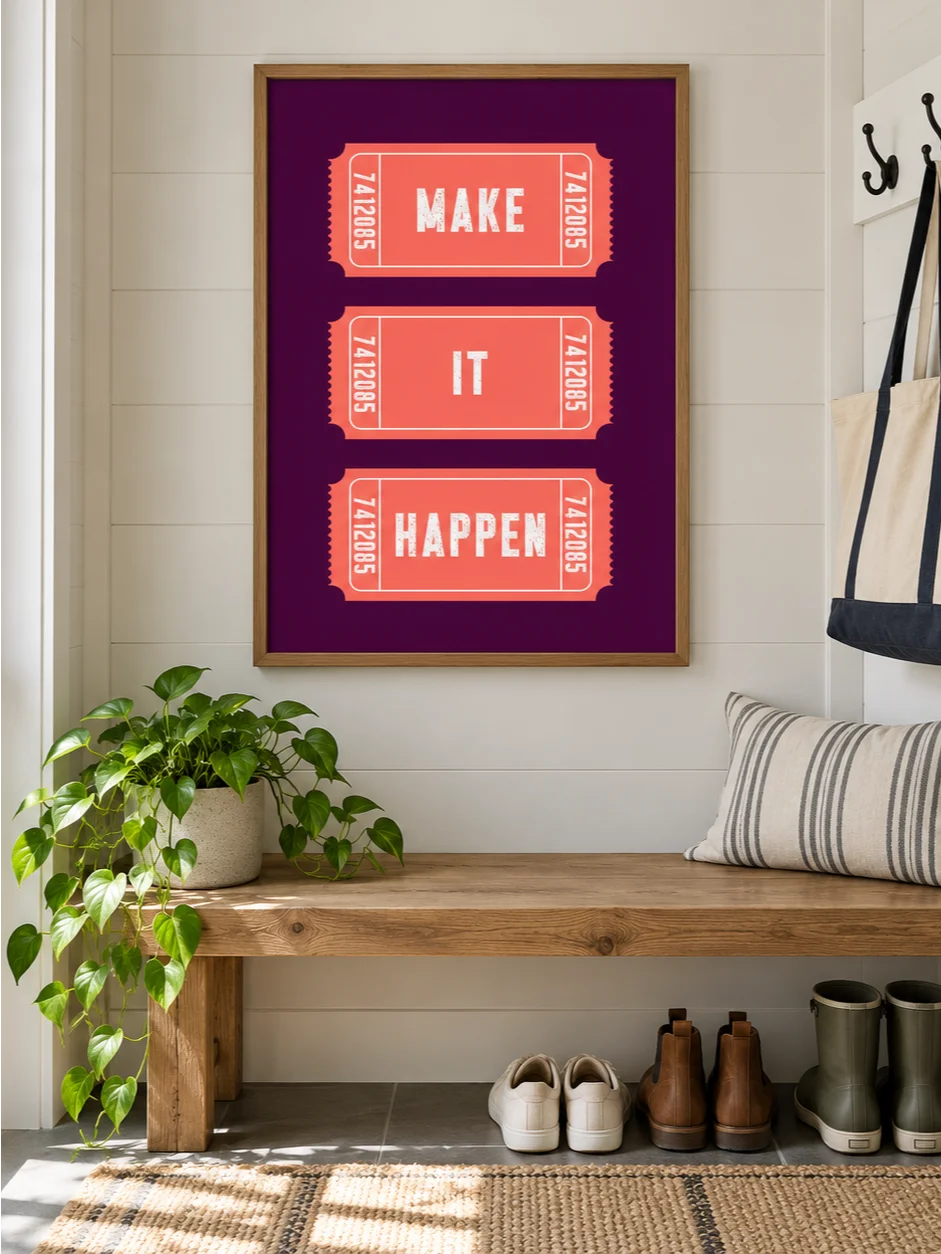 Make It Happen Motivational Poster, Retro Ticket Design, Purple Coral Typography Wall Art, Distressed Lettering, Printable Inspirational Art product image (3)