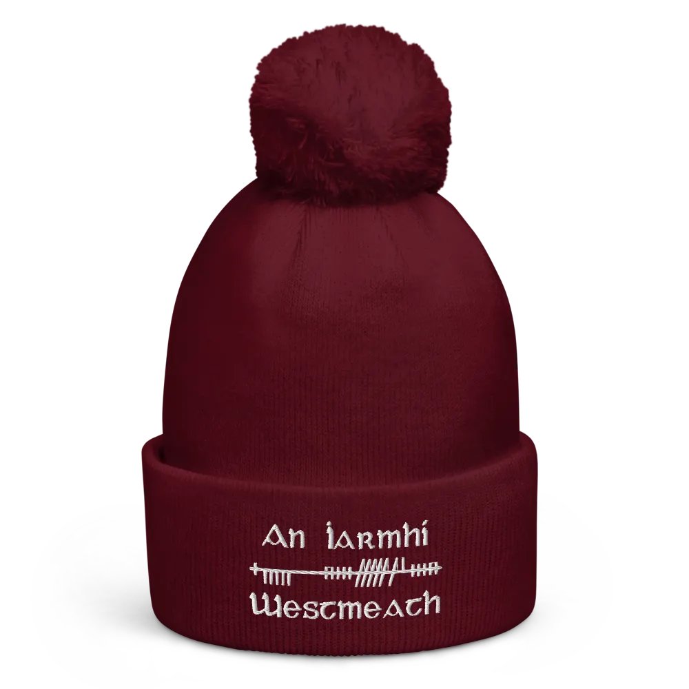 Westmeath/An Iarmhí Orthodox style Ogham, maroon with white, embroidered Pom-Pom Beanie product image (1)