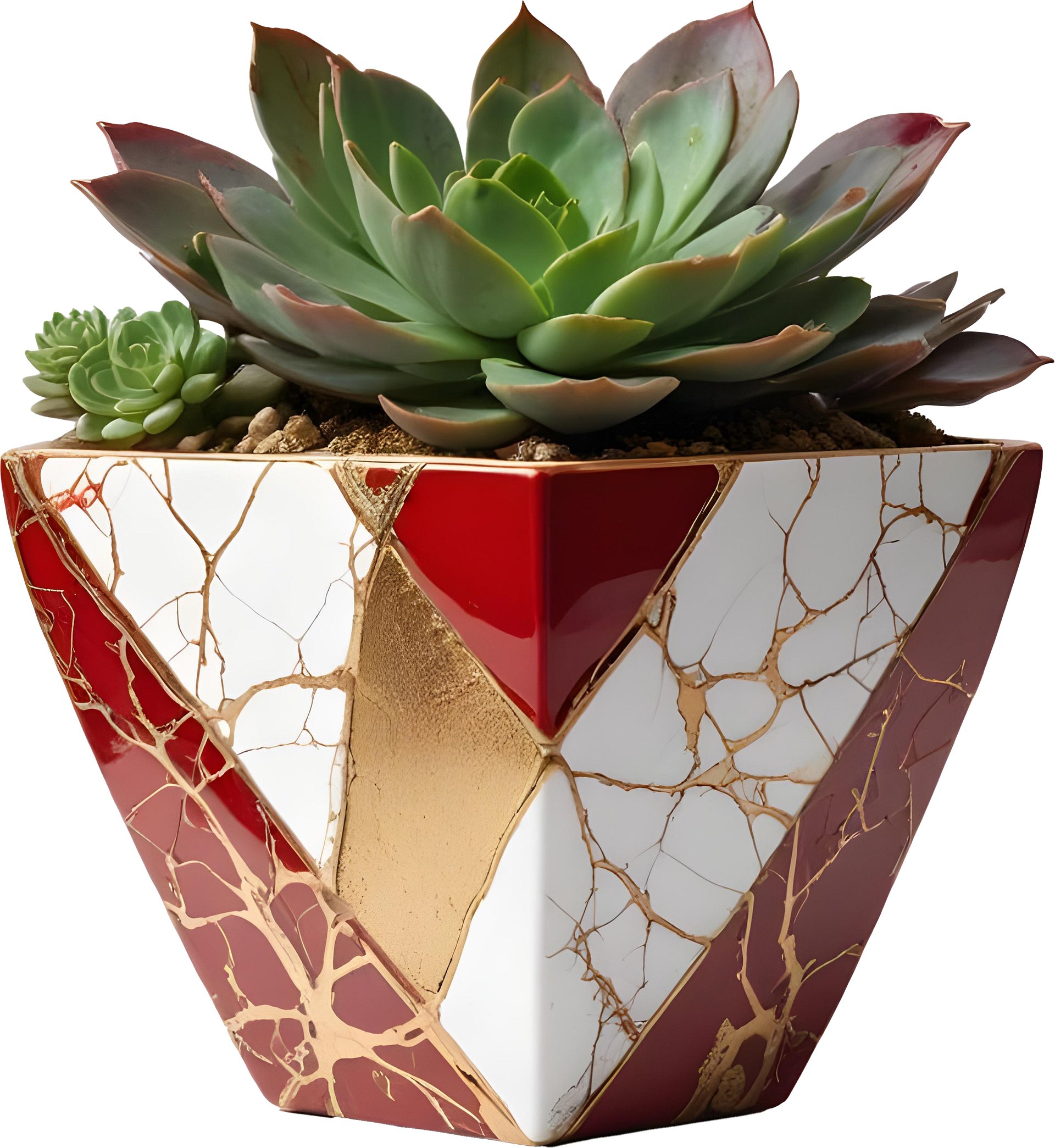 Kintsugi Elegance – Red and White Geometric Pot PNG product image (1)