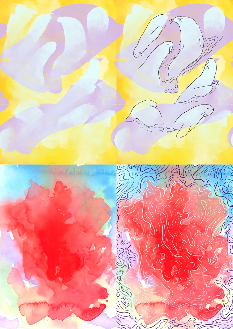 (Top) Yellow, lavendar and baby blue abstract digital painting, (Bottom) Red, blue, purple, lime green abstract watercolor painting