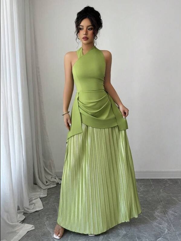 Green Halter Maxi Dress — Elegant A-Line High Waist Pleated Dress product image (1)