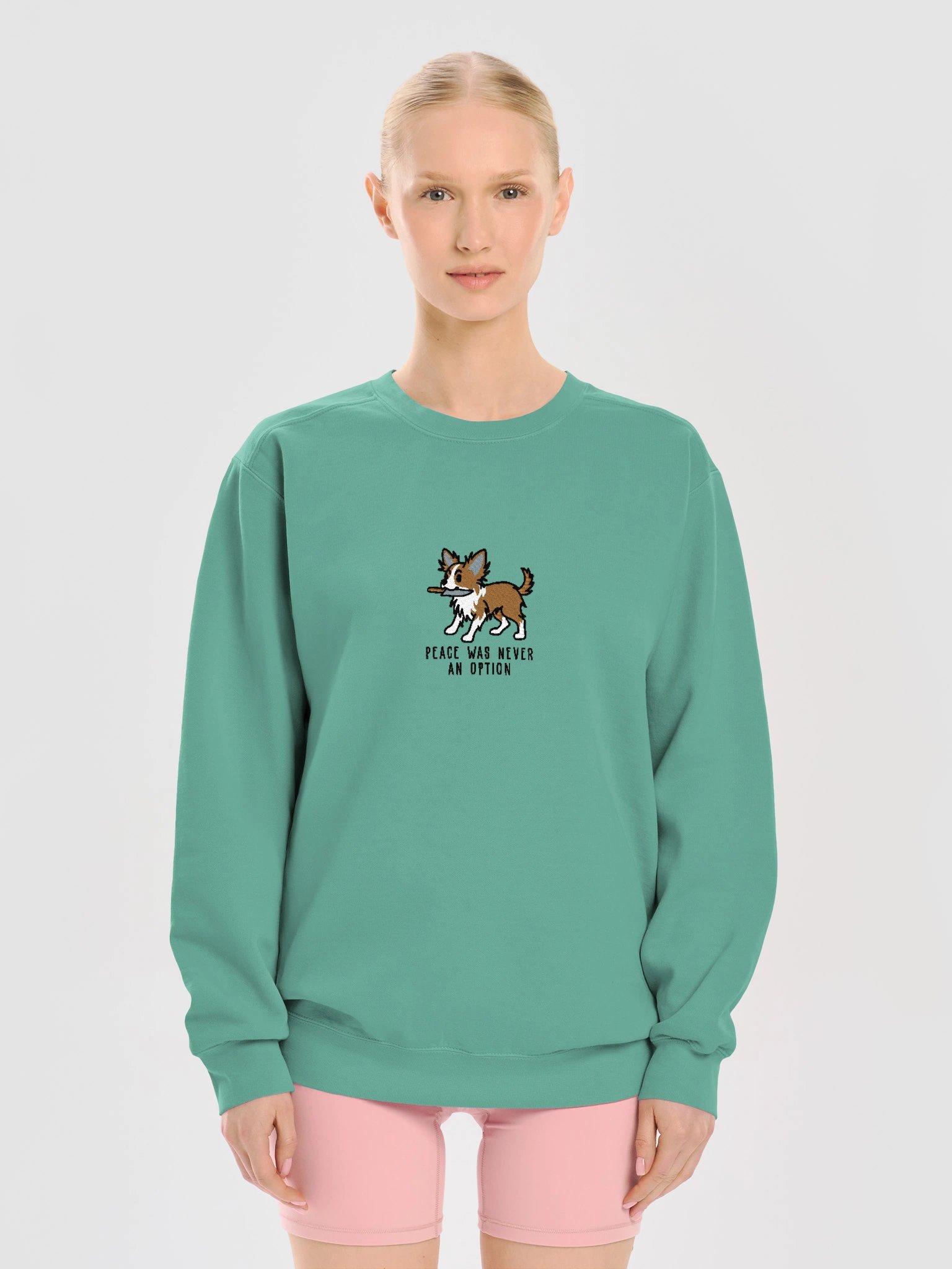 Peace Was Never an Option Funny Chibi-Style Embroidered Premium Sweatshirt for Longhaired Chihuahua(Tan) Owners product image (29)
