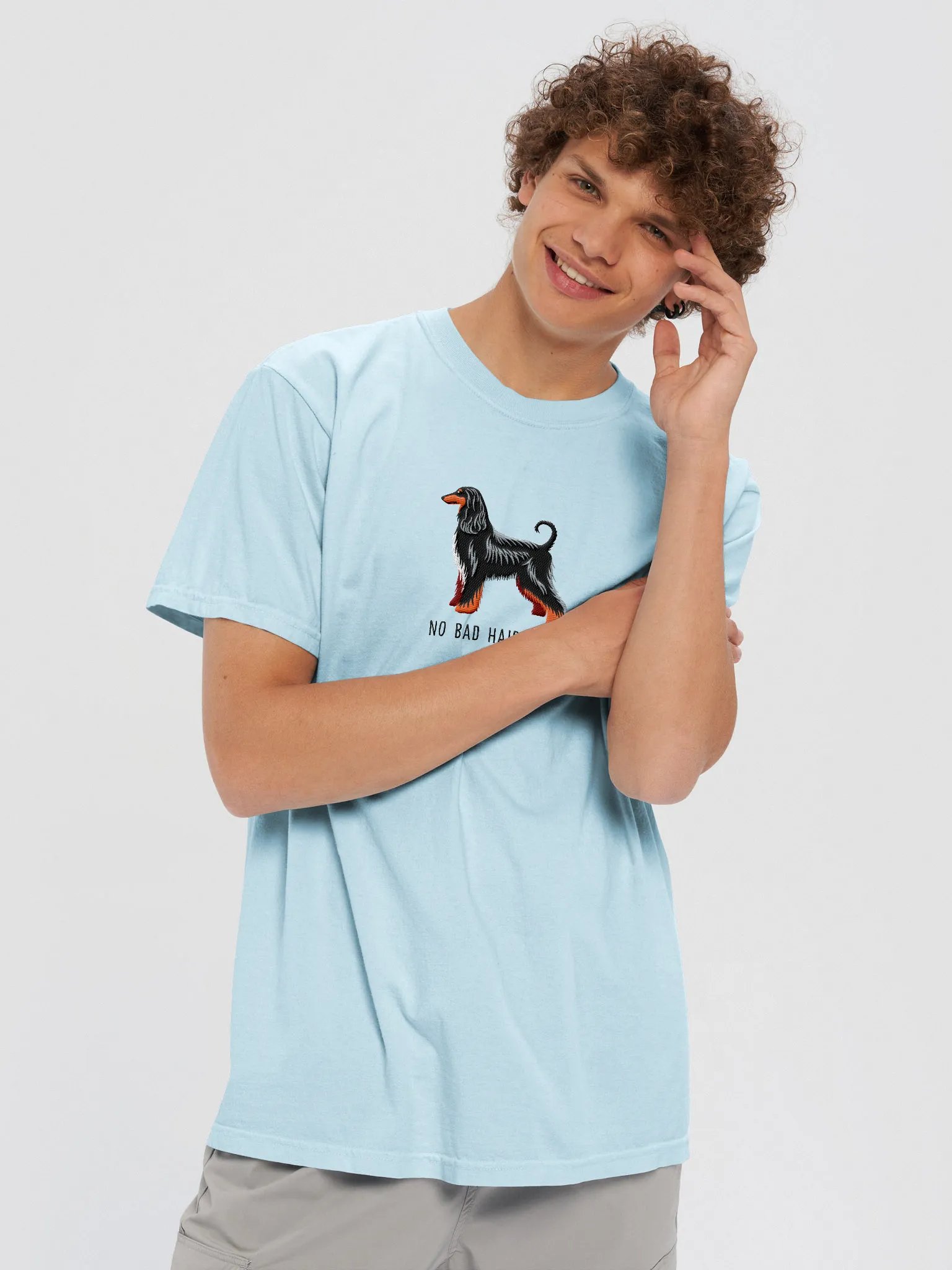 No Bad Hair Days T-Shirt(Embroidered) of an Afghan Hound(Black & Tan) product image (2)