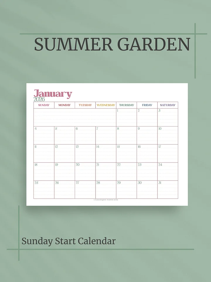 Summer Garden 2026 Calendar - Single Page per Month, Sunday Start, Letter Size product image (1)