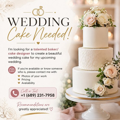 📣 Wedding Cake Needed! 🎂💍

I’m looking for a talented baker/cake designer to create a beautiful wedding cake for my upcoming ...