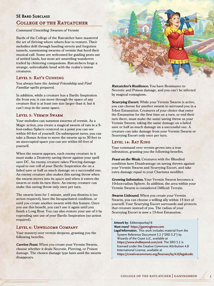College of the Ratcatcher | 5.5E Bard Subclass product image (2)
