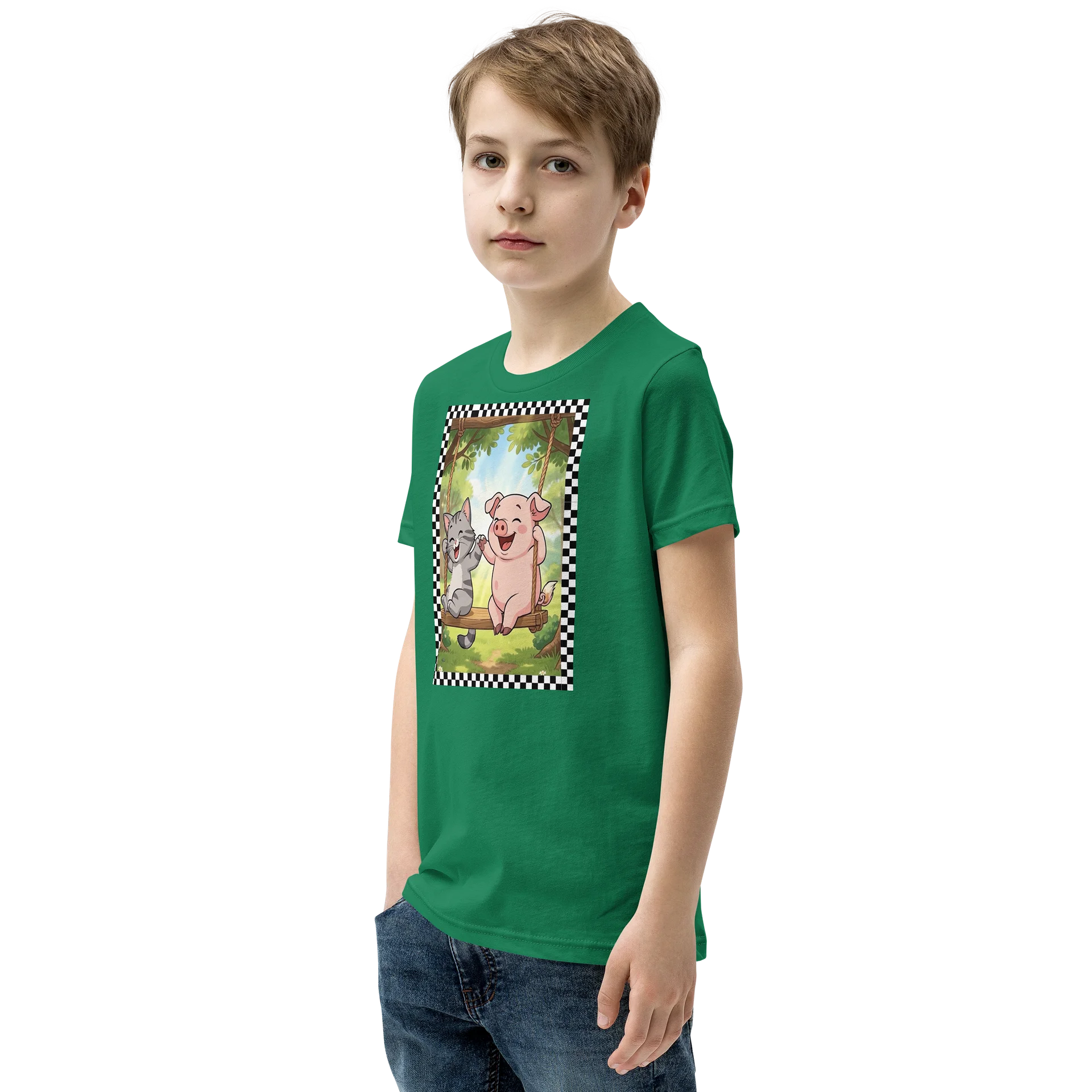 Cute Farm Friends Laughing Kitten & Piglet on Rope Swing Youth Tee product image (3)