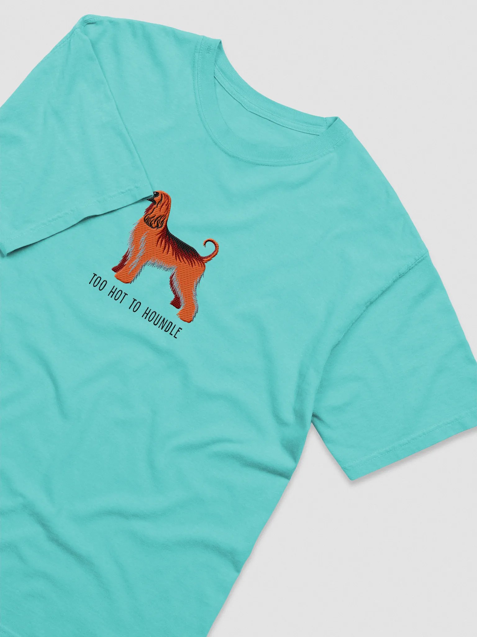 Too Hot To Houndle T-Shirt(Embroidered) of an Afghan Hound(Red) product image (6)