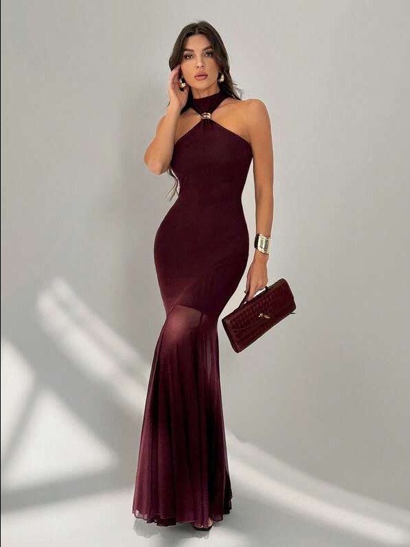Tall Spring/Summer Women's Solid Purple Halter Neck Metal Buckle Spliced ​​Semi-Sheer Full Skirt Elegant Maxi Dress, Wedding Guest Dress, Birthday Dress, Elegant Dress,Summer Dresses For Women product image (1)