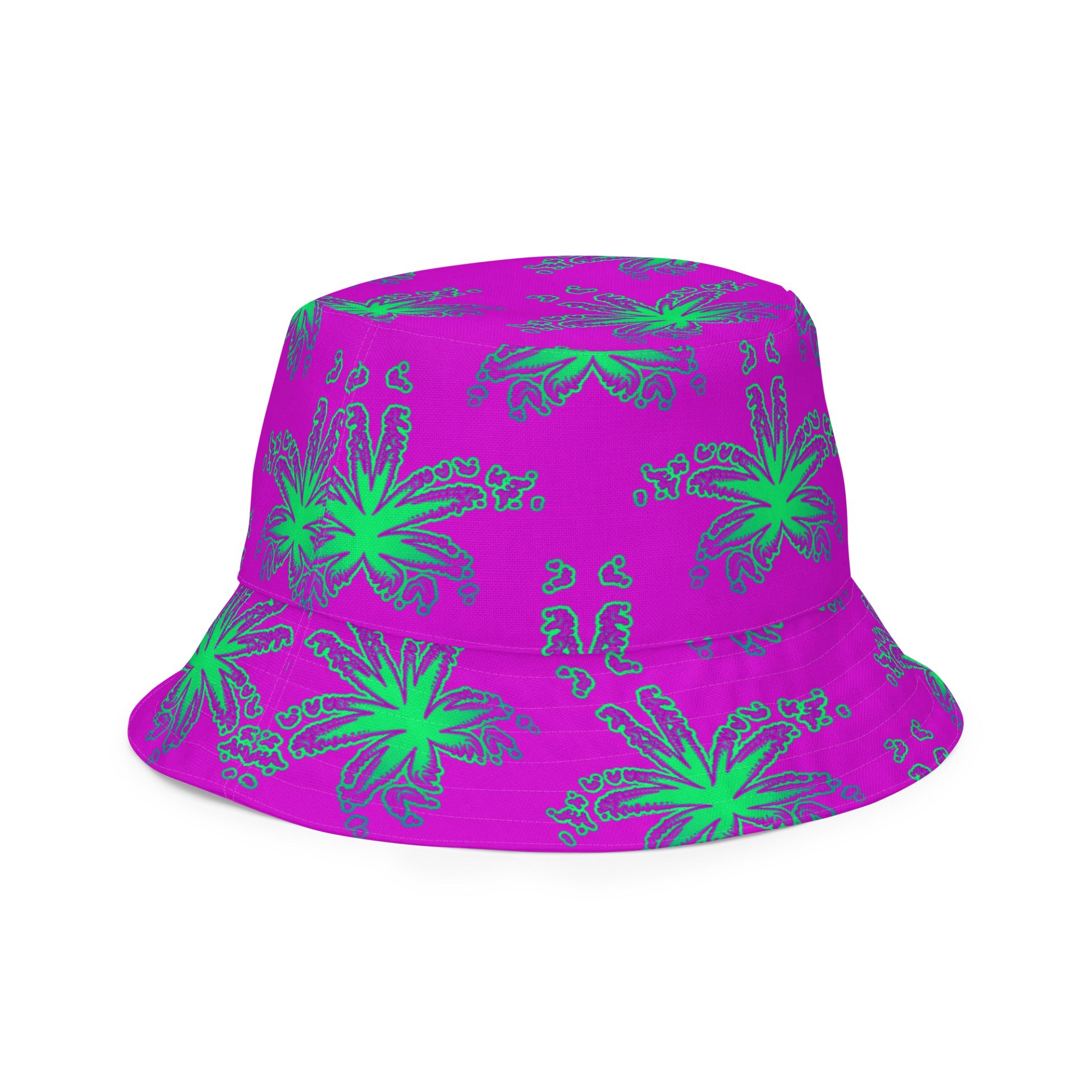 420 Stoner Summertime Reversible Bucket Hat, Cannabis Mint Green Purple Pink Pot Leaf Pattern Accessory product image (3)