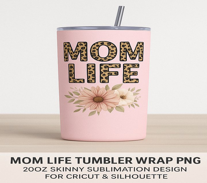 Mom Life 20oz Tumbler Wrap PNG – Leopard Print Pink Floral Design – Sublimation File for Cricut, Silhouette & Digital Download product image (2)