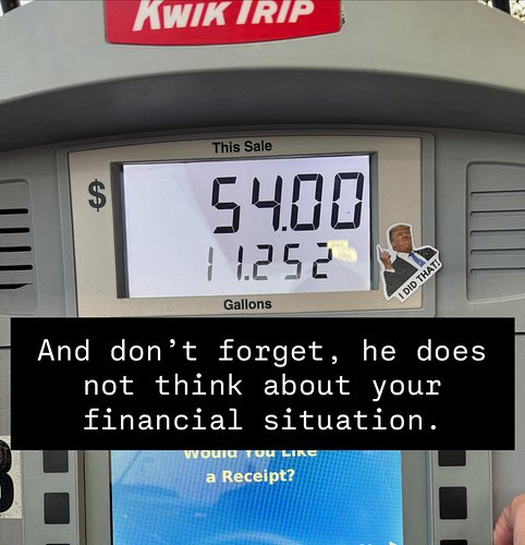 Saw this sticker on the pump tonight. $54 to fill my gas tank all because of a war no one asked for except his fellow megalom...