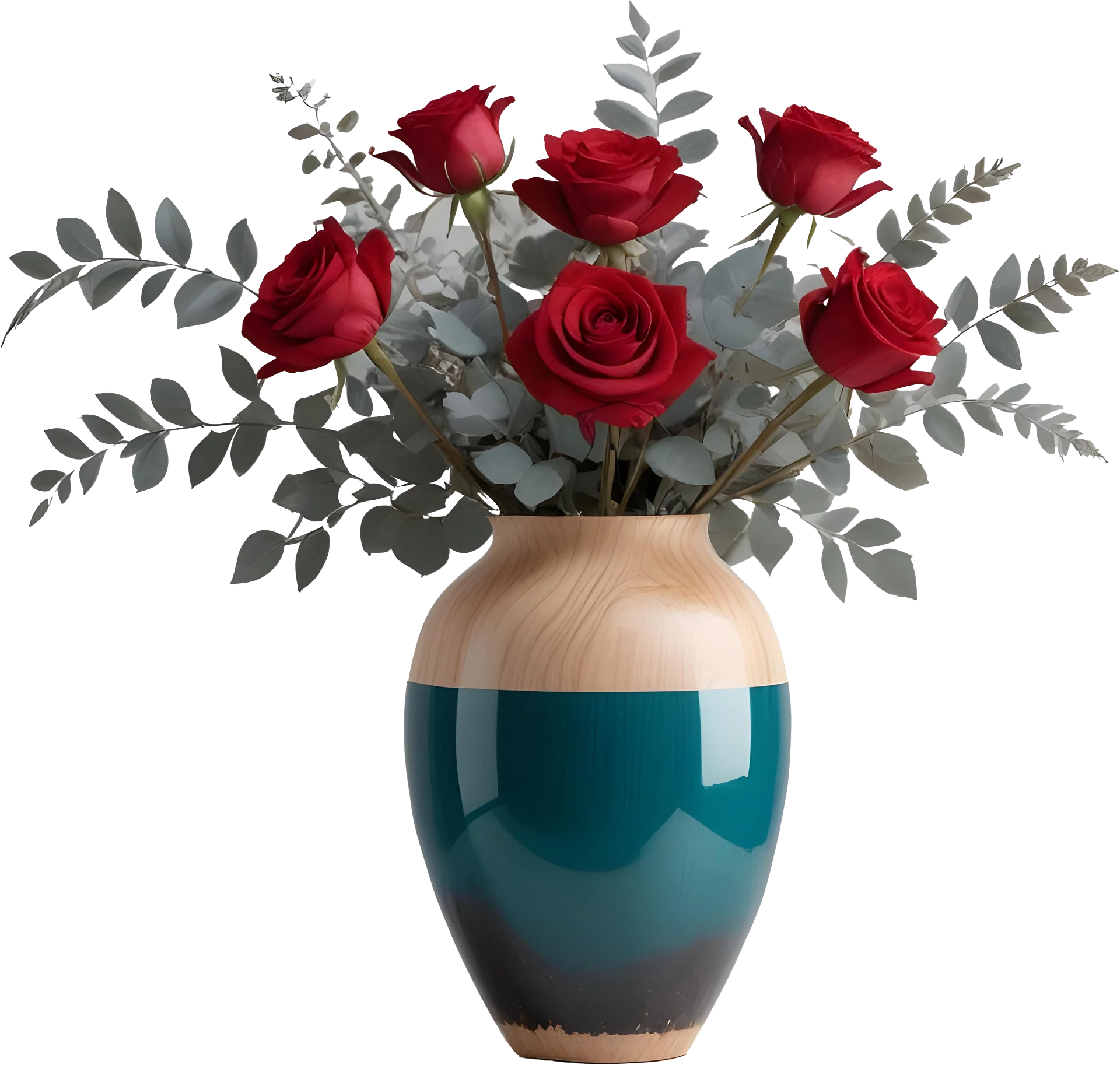 Elegant Teal and Wooden Vase with Red Rose Arrangement PNG product image (1)