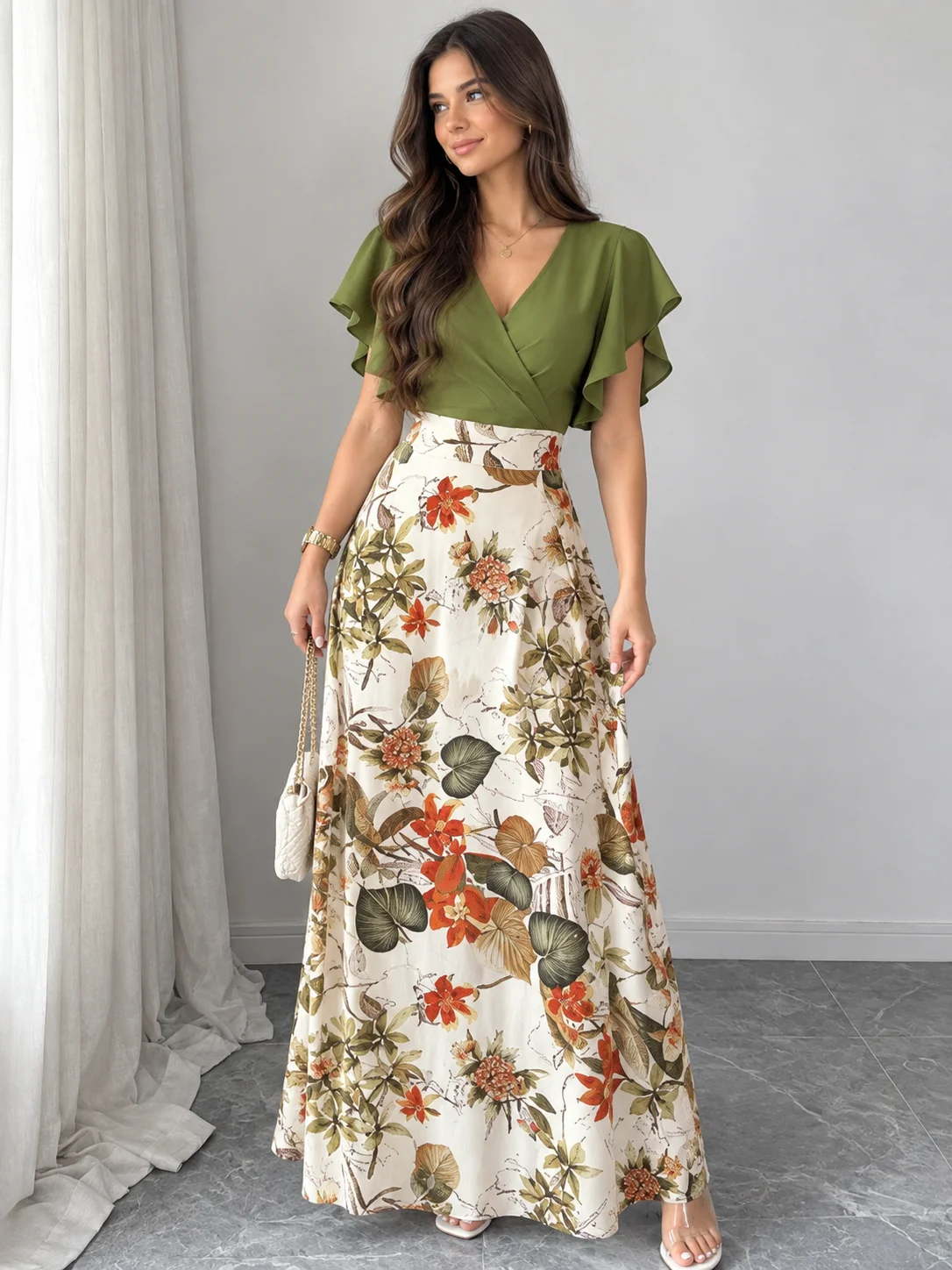 Elenzga Women's Elegant Maturity Black Leaf Pattern Ruched Cap Sleeve Fitted Fla Dress, Autumn And Winter And The Four Seasons Garden Party Brunch product image (8)