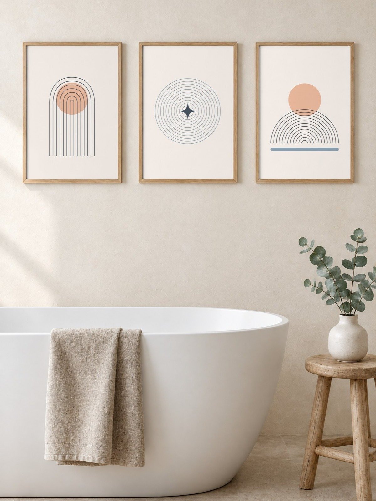 Dusty Blue Bathroom Wall Art Set of 3 | Peach Line Art Prints product image (1)