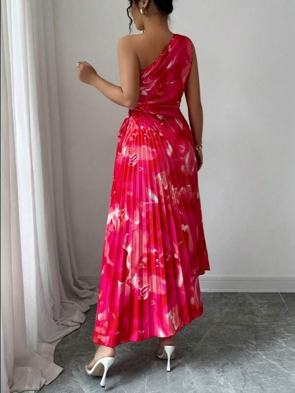 Red Asymmetric Floral Cutout High Waist Midi Dress | ADLEST product image (2)