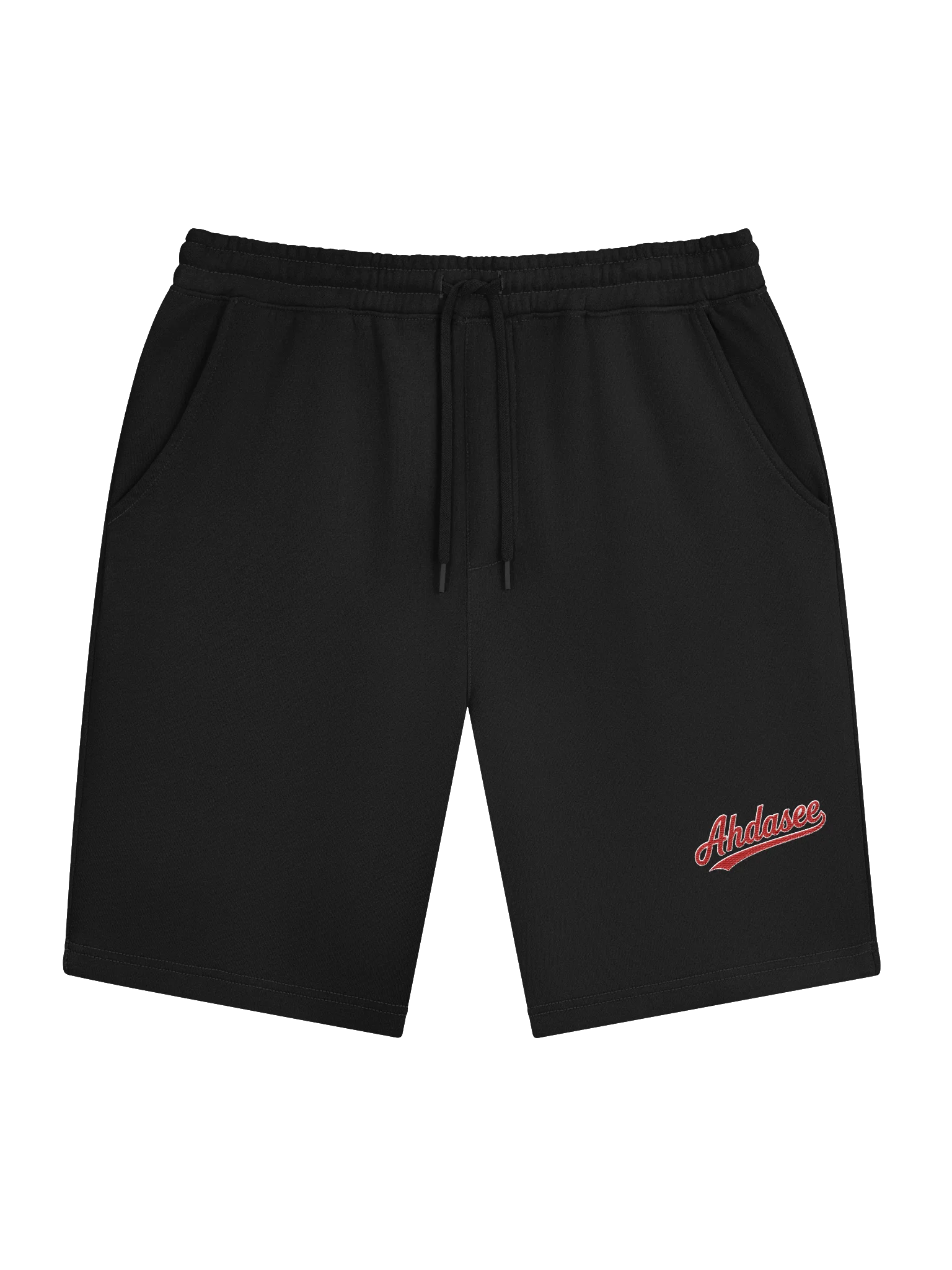 Ahdasee Signature Script Embroidered Shorts – Black & Red