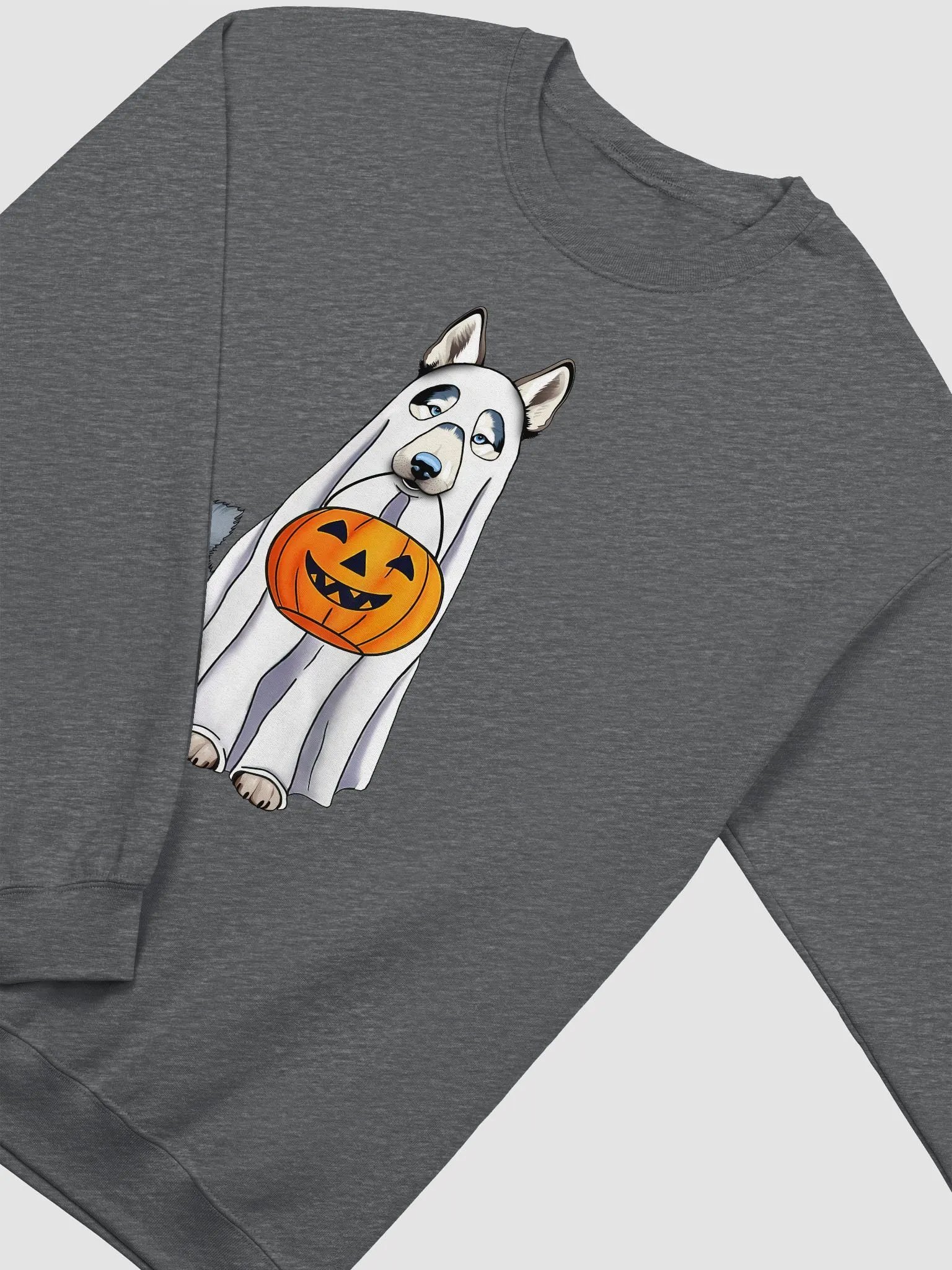 Siberian Husky Halloween Sweatshirt | Funny Fall & Halloween Husky Wearing a Ghost Costume with Pumpkin Basket product image (4)