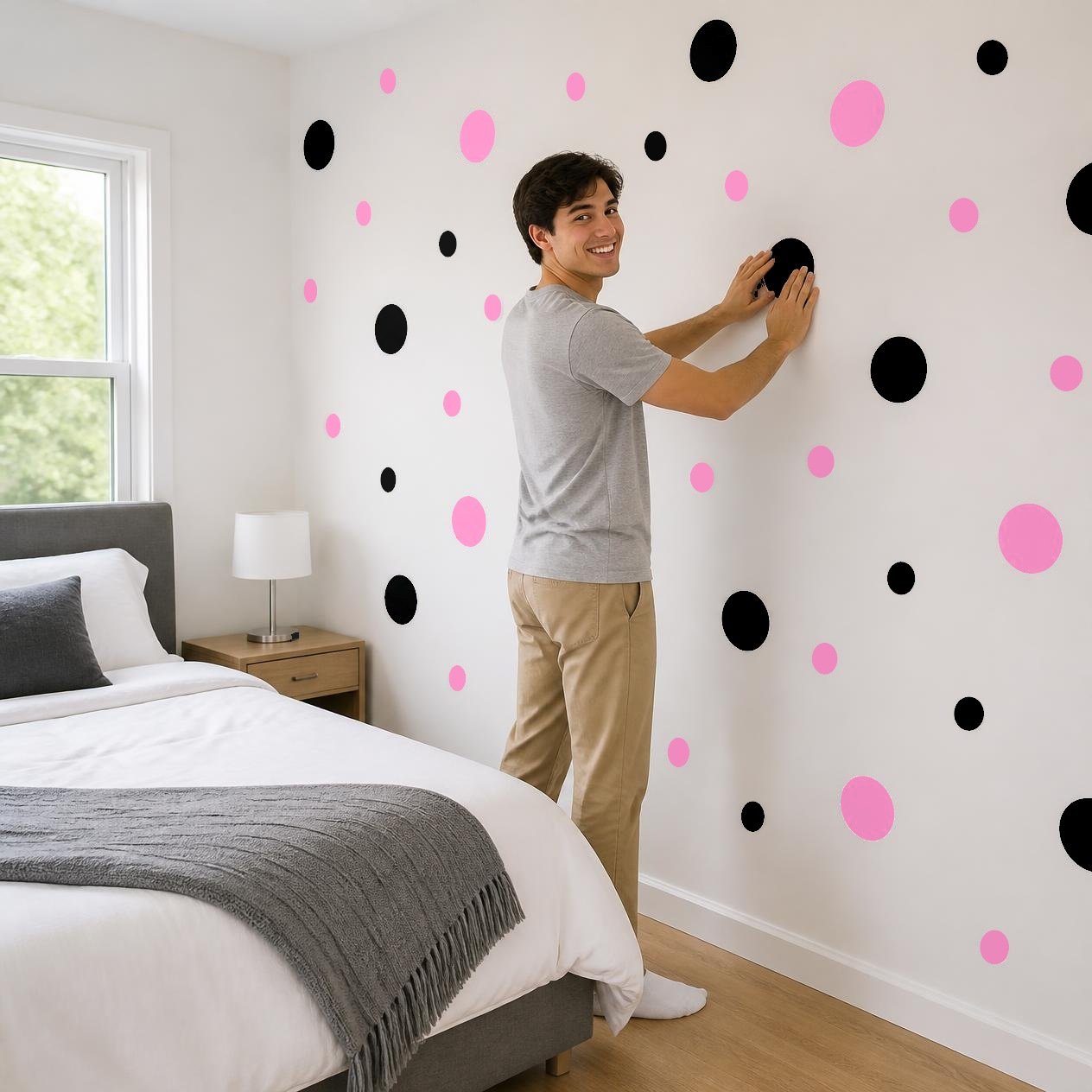 Black and Pink Polka Dot Wall Decals, 2" and 4" Vinyl Circle Stickers, Removable Dot Decals for Nursery, Kids Room, Playroom product image (4)