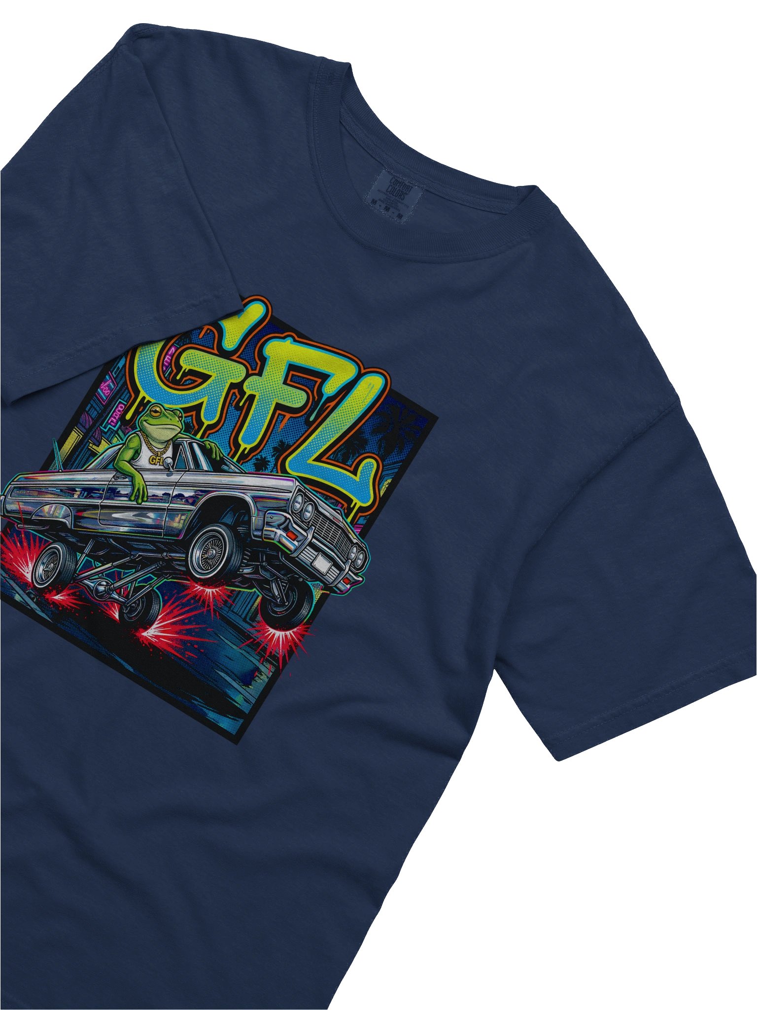 GFL Lowrider Hopper – Neon Chrome Frog Low Low Tee | Green Frog Labs Street Culture product image (25)
