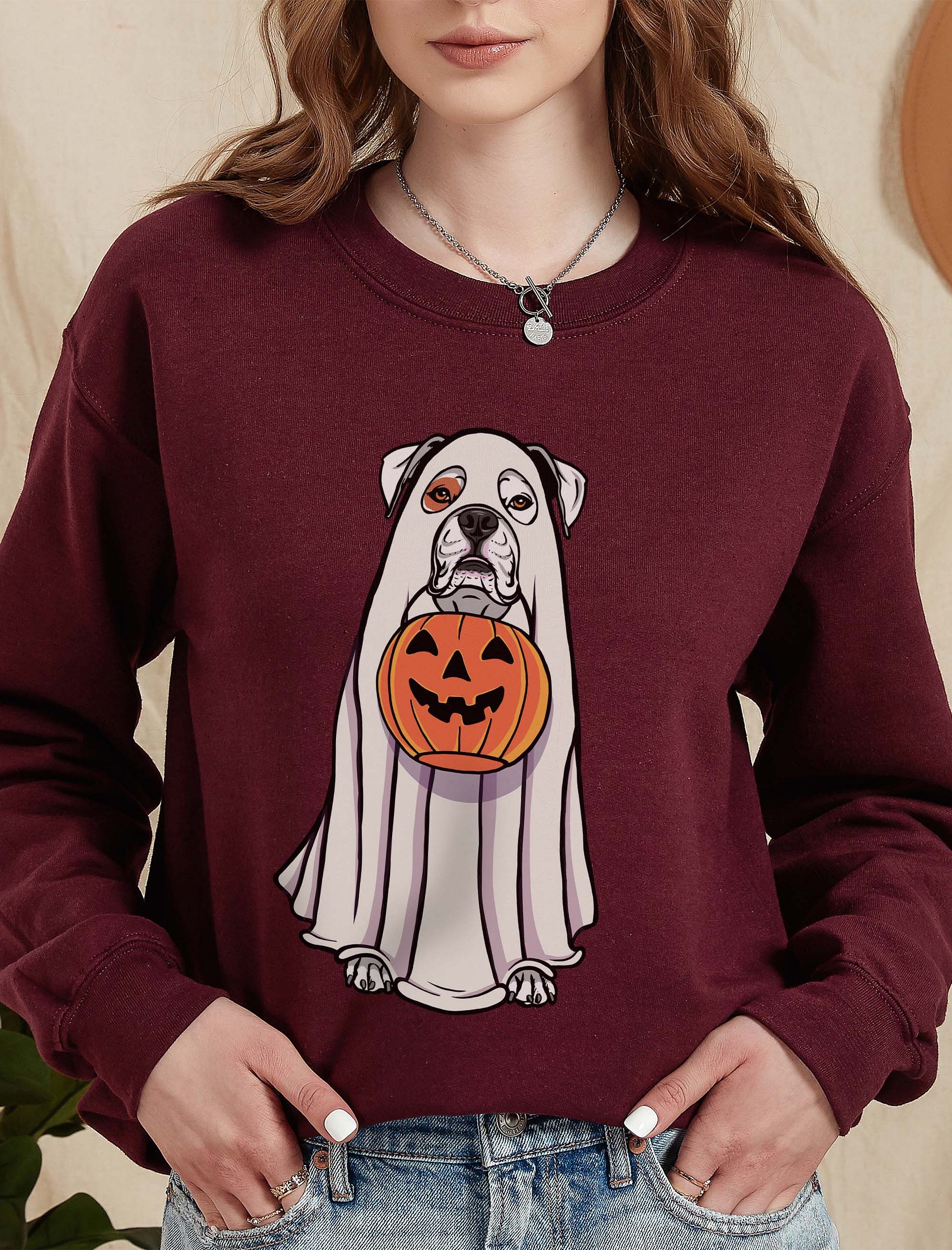 Funny Halloween Boxer Dog(White) Sweatshirt | Funny Boxer Wearing a Ghost Costume and Holding a Pumpkin Basket product image (2)
