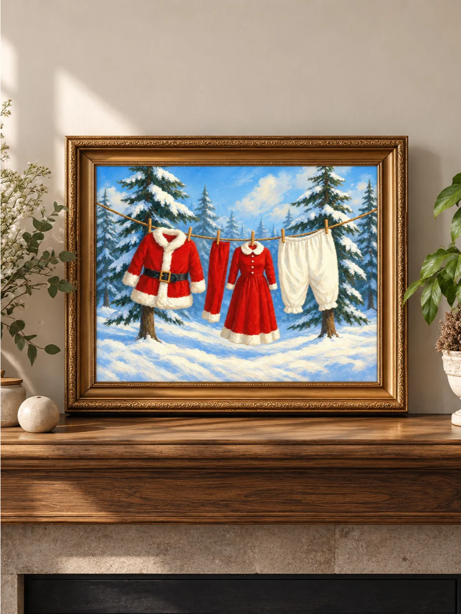 Santa Clothesline Christmas Laundry Room Art, Funny Holiday Print, Whimsical Winter Poster, Snow Covered Forest Scene, Printable Wall Decor product image (5)