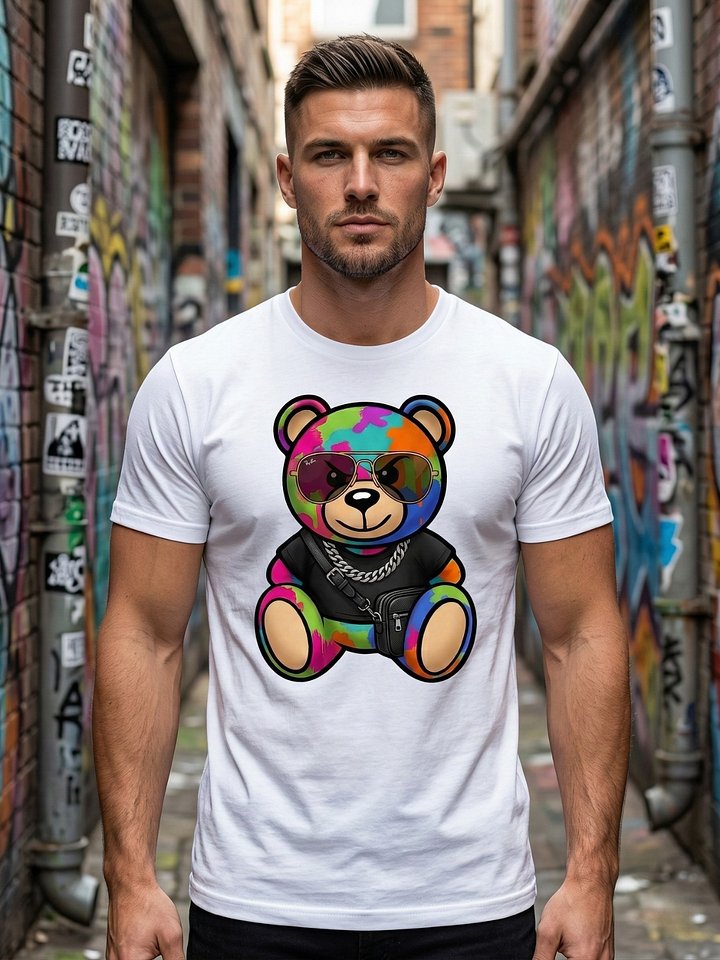 Graffiti Bear Streetwear Graphic Tee | Gold Chain Paint Splatter Urban Art | Hip Hop Collector Shirt product image (1)