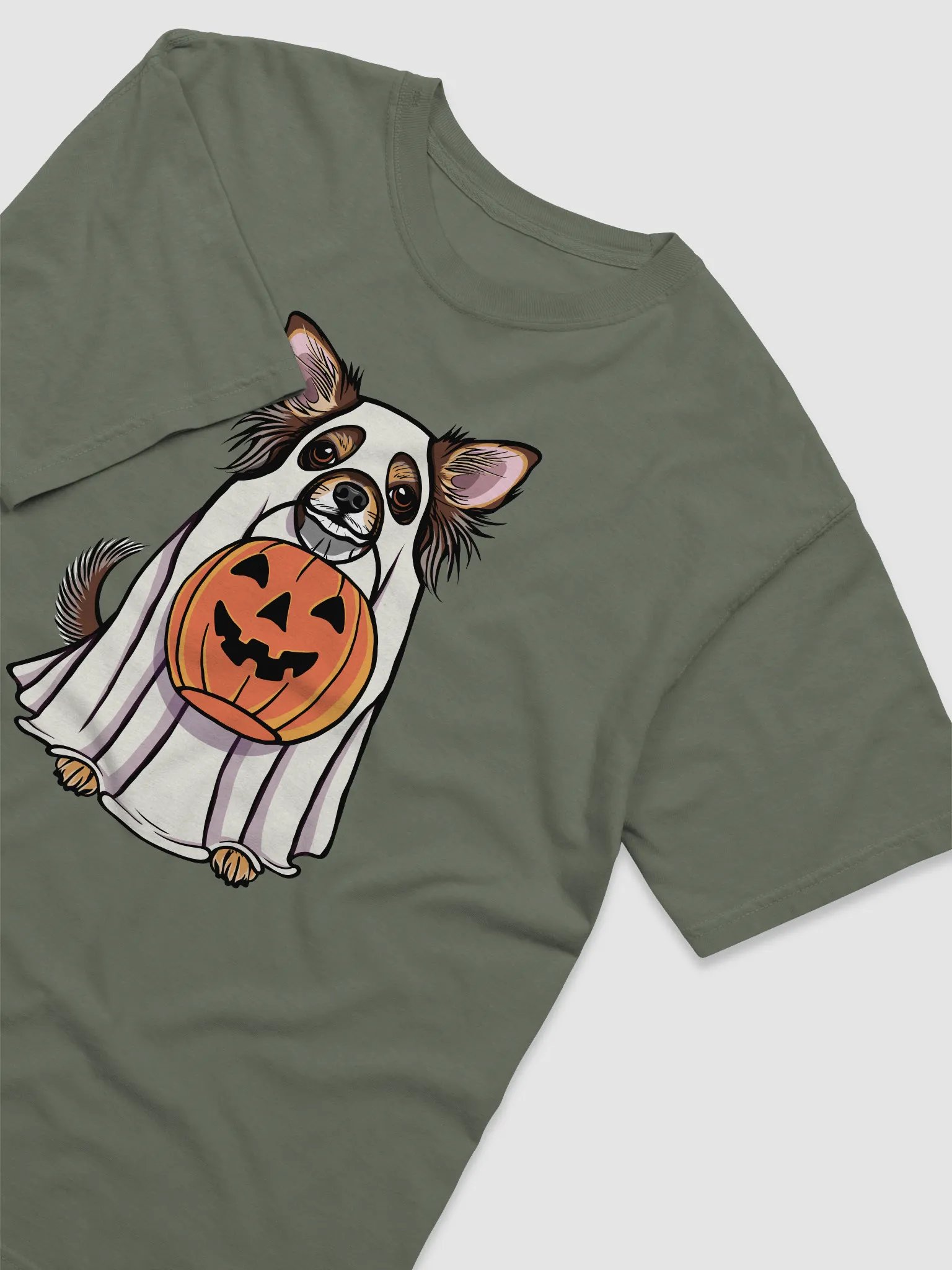 Funny Halloween Longhaired Chihuahua(Red Tricolor) T-Shirt | Funny Chihuahua Wearing a Ghost Costume and Holding a Pumpkin Basket product image (6)
