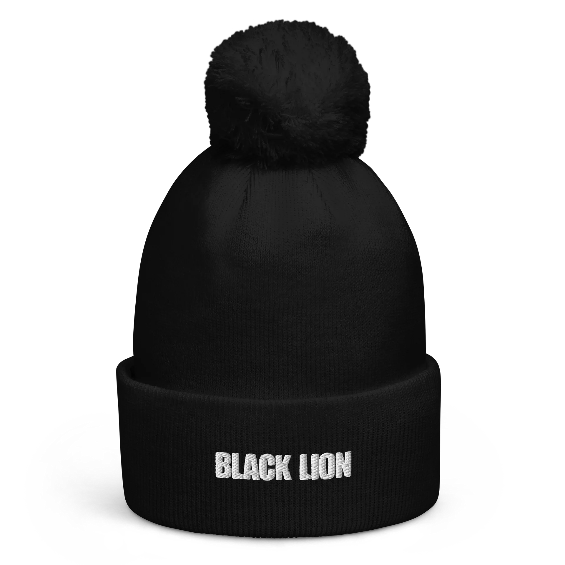 Black Lion Minimalist Wordmark Pom-Pom Beanie – Premium Embroidered Cuffed Winter Knit product image (1)