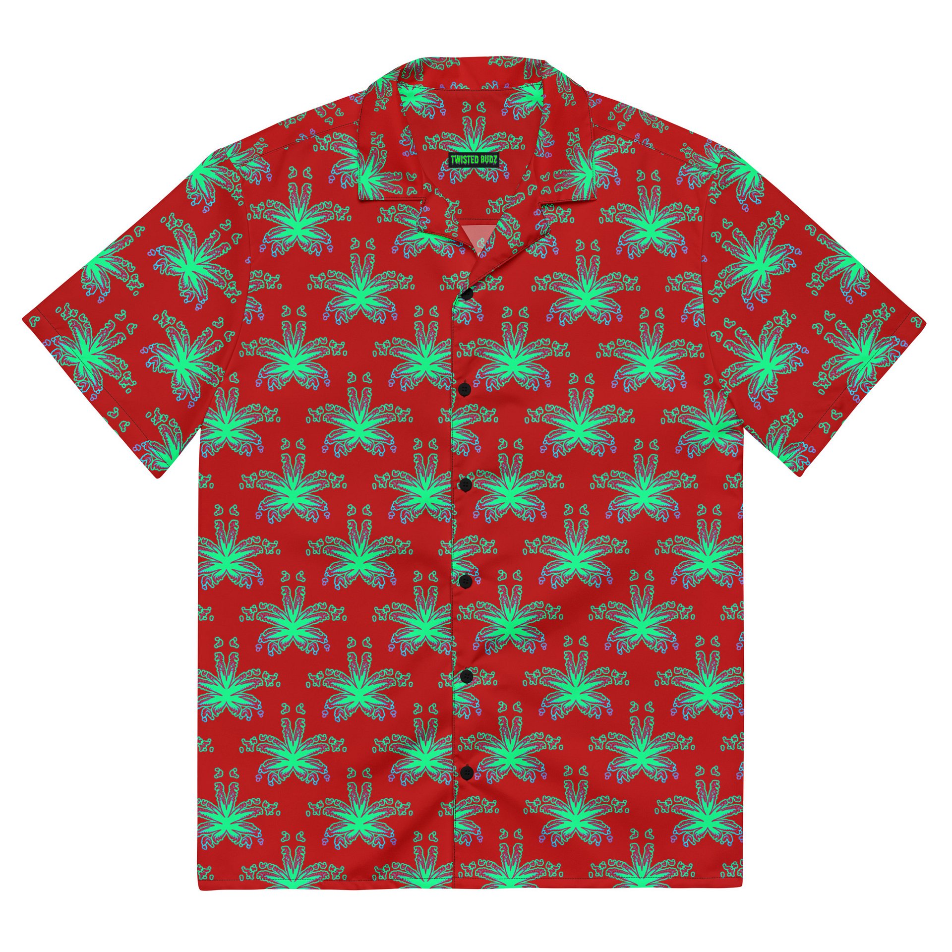 Red Weed Leaf Cannabis Beach Button Shirt, 420 Summertime Stoner Festival Clothing, Green Ganja Pot Leaves Pattern Weedy Weirdo Fashion product image (6)