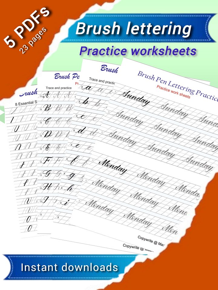 Brush pen lettering printable worksheets | (PDFs) easy to trace and practice Calligraphy product image (1)