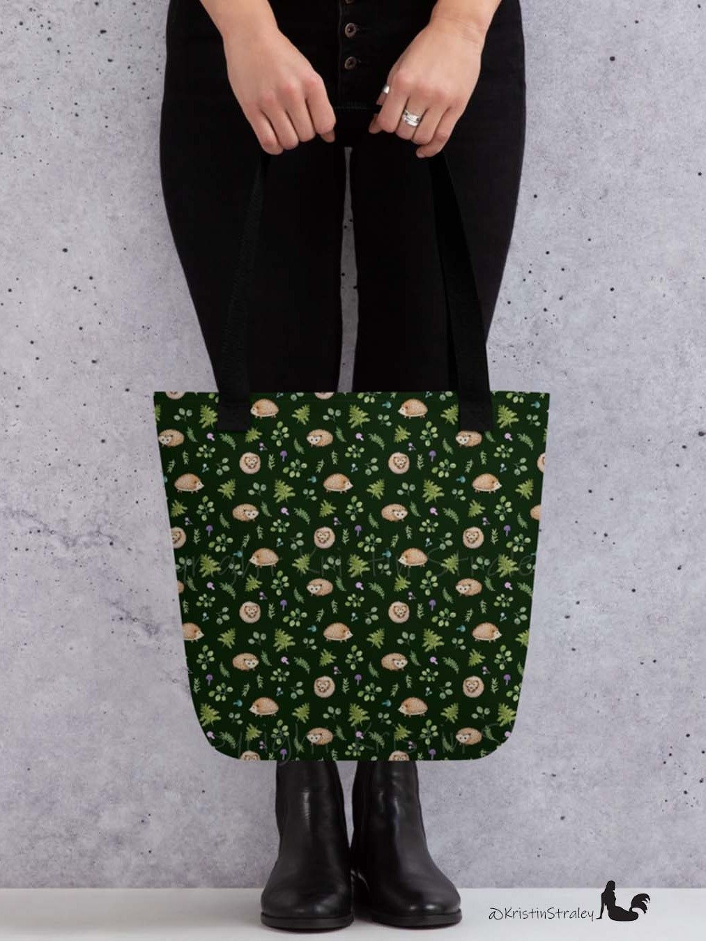 Hedgehogs with Ferns and Mushrooms on Dark Green Tote Bag product image (7)