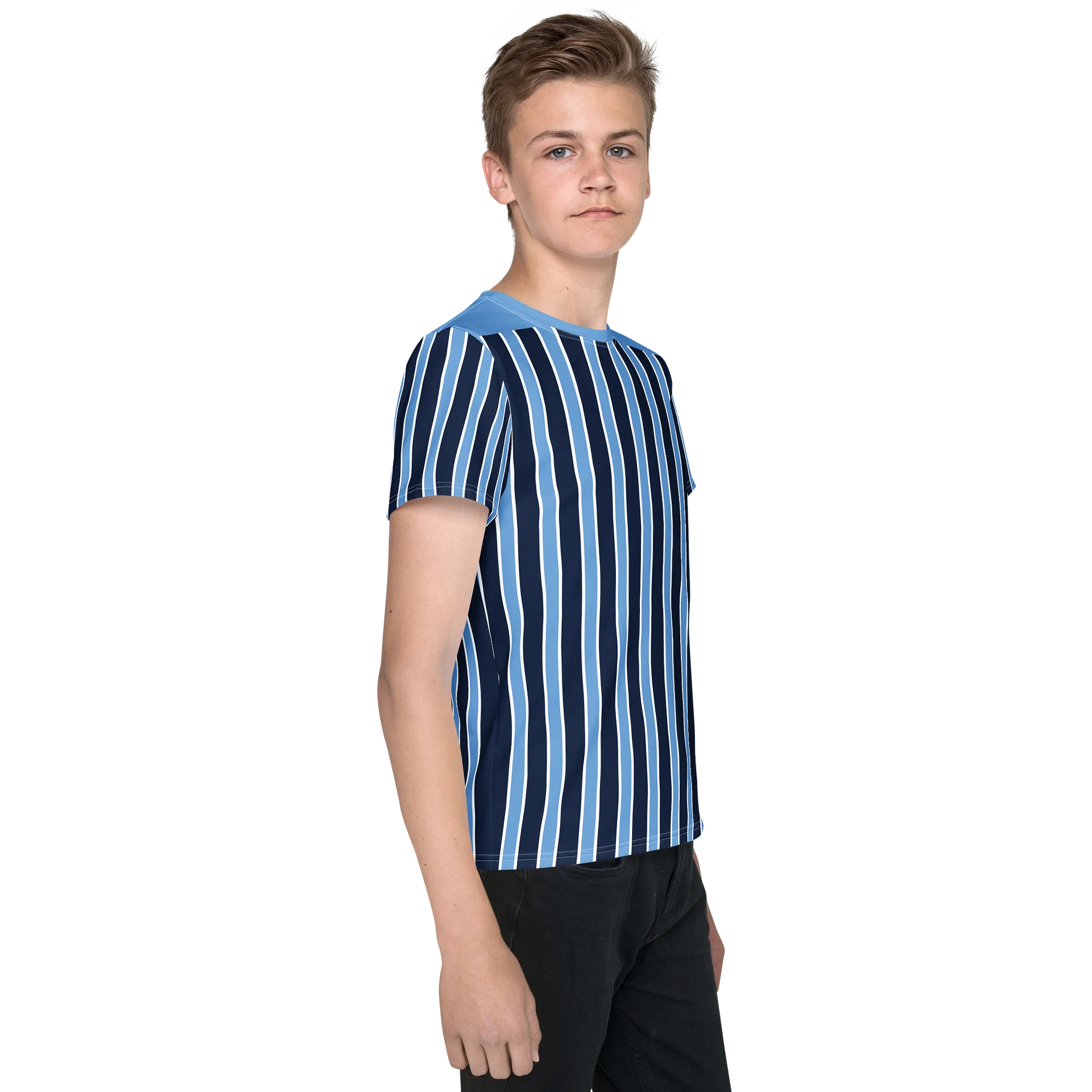 All-Over Navy Blue Stripe Youth Crew Neck T-Shirt product image (4)