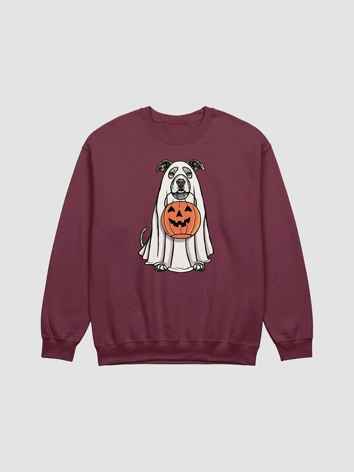 Funny Halloween Pitbull Terrier(Fawn) Sweatshirt | Funny Pittie Wearing a Ghost Costume and Holding a Pumpkin Basket product image (1)