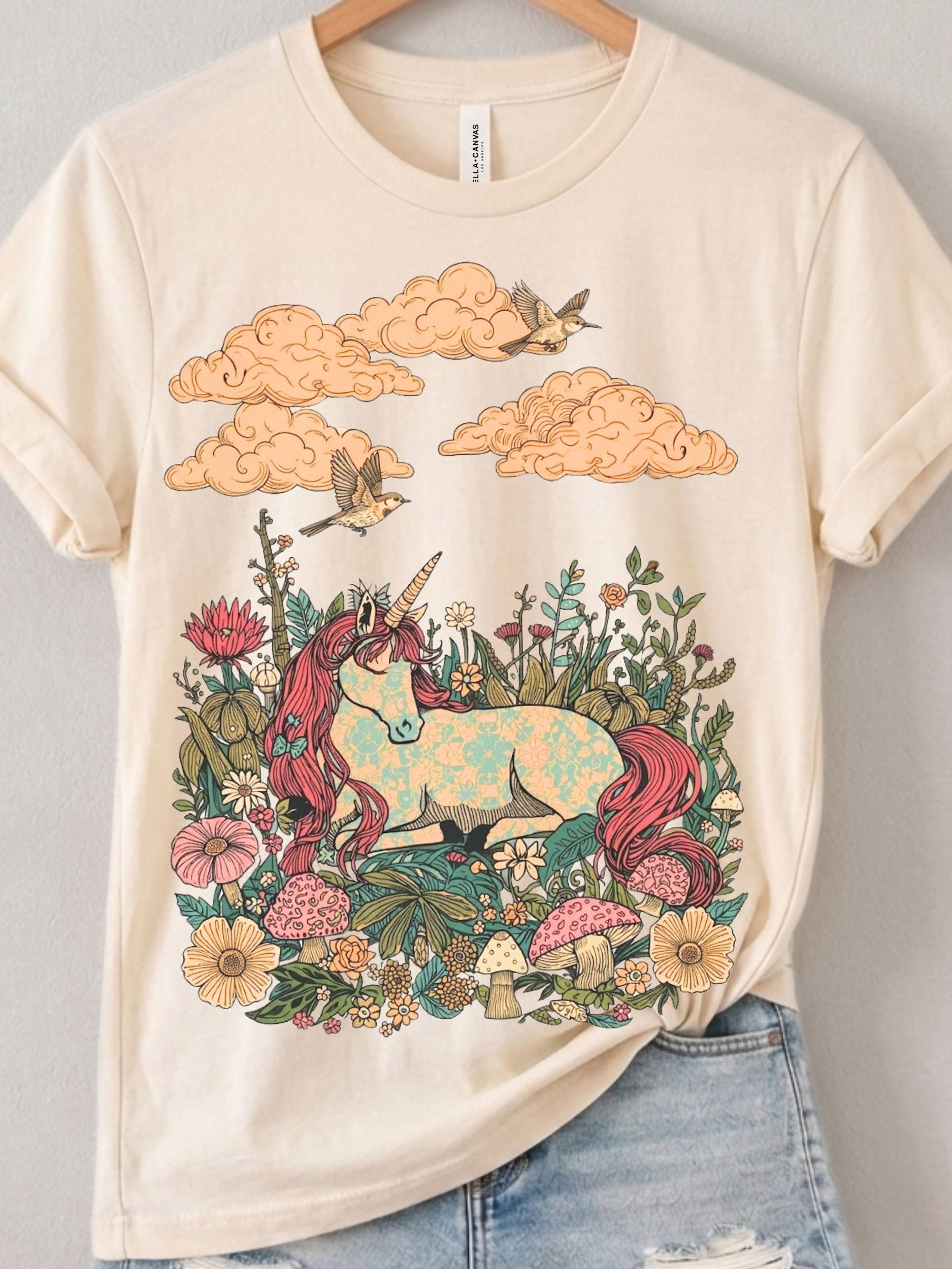 Retro Unicorn & Mystical Garden Tee, Nostalgic Fantasy Shirt product image (1)
