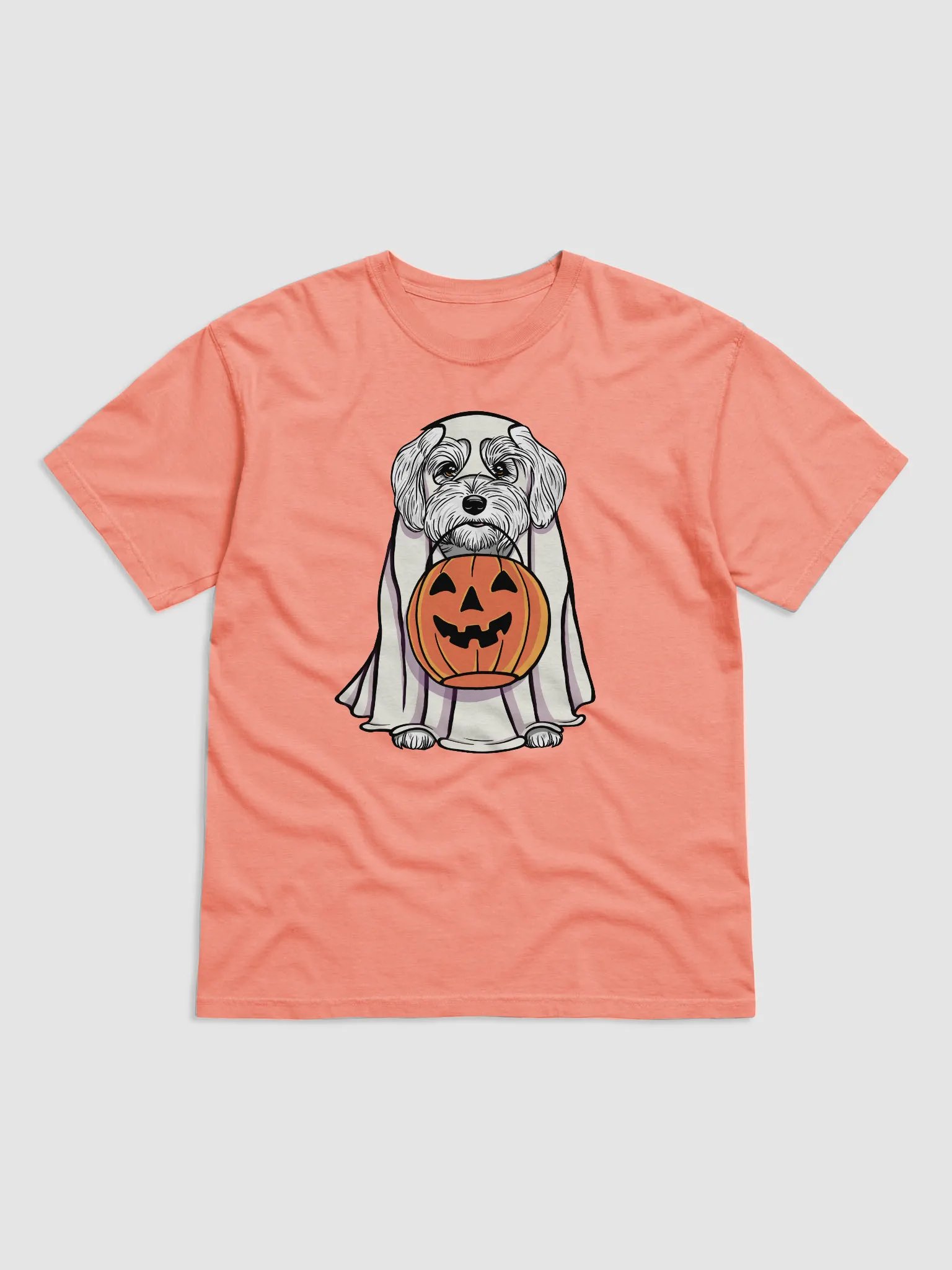 Funny Halloween Havanese(White) T-Shirt | Funny Havanese Wearing a Ghost Costume and Holding a Pumpkin Basket product image (1)