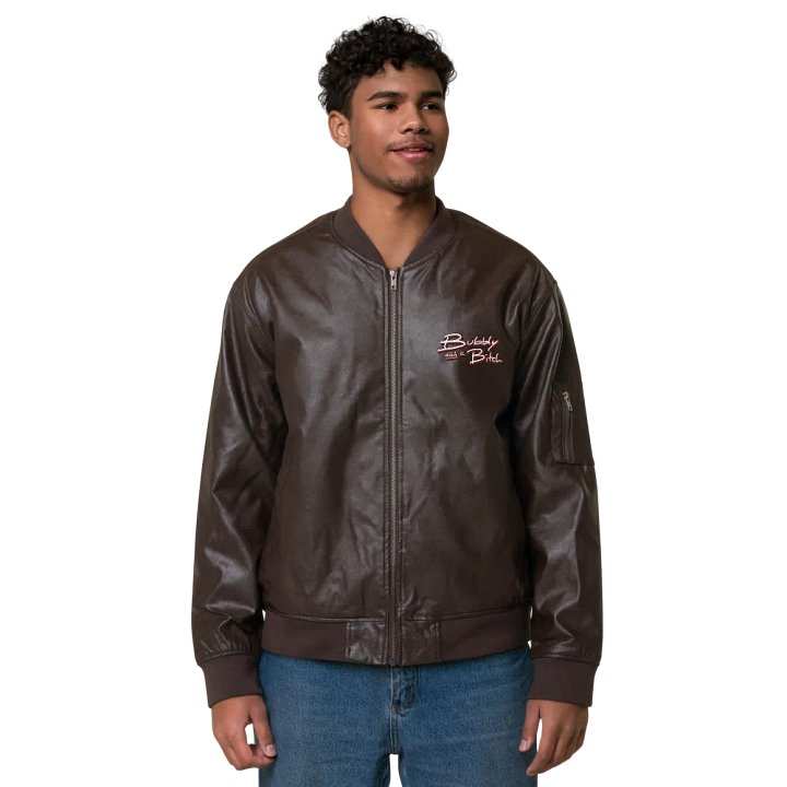Bubbly and a B (maroon shadow design) faux leather bomber jacket product image (2)
