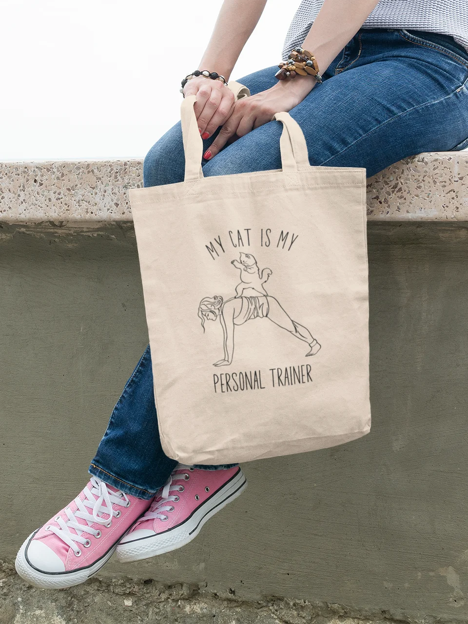 My Cat Is My Personal Trainer, Hand-drawn Eco-Friendly Tote Bag For Passionate Yogies product image (8)