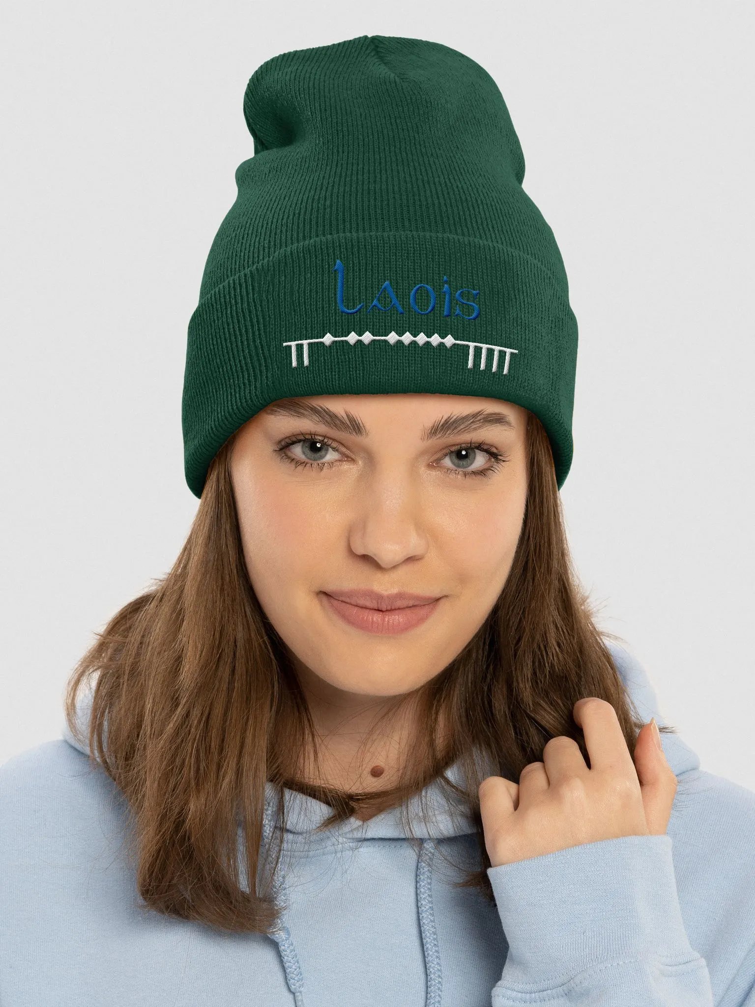 Laois Scholastic Style Ogham, white and blue, embroidered Cuffed Beanie product image (39)