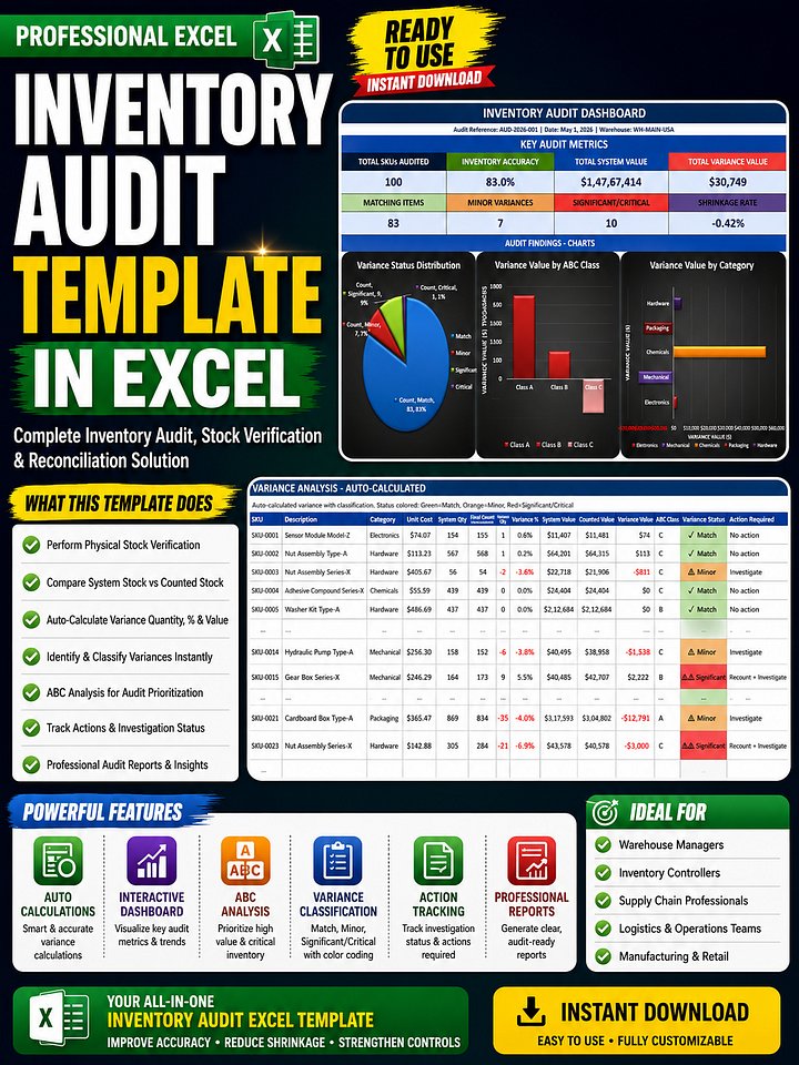 Inventory Audit Dashboard Excel Template | Stock Verification & Inventory Reconciliation Tool product image (1)