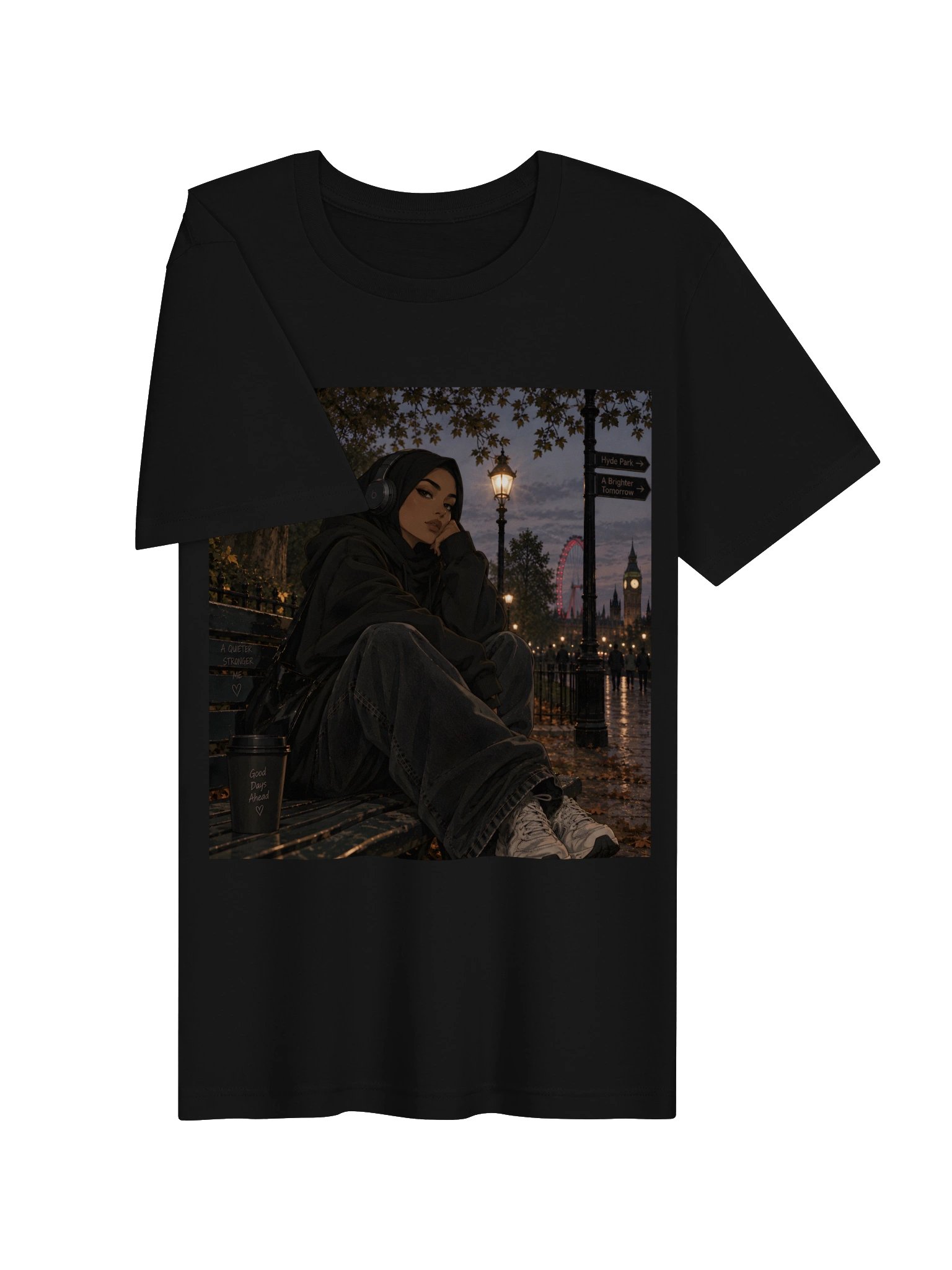 London Hijabi Girl Printed Unisex T-Shirt in Black | Muslim Illustrated Graphic Tee product image (3)