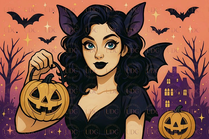 Bat-Eared Gothic Witch Halloween Tumbler Wrap PNG – Black Dress, Pumpkin, Haunted House & Sunset Bats for 20oz Skinny Tumblers product image (1)