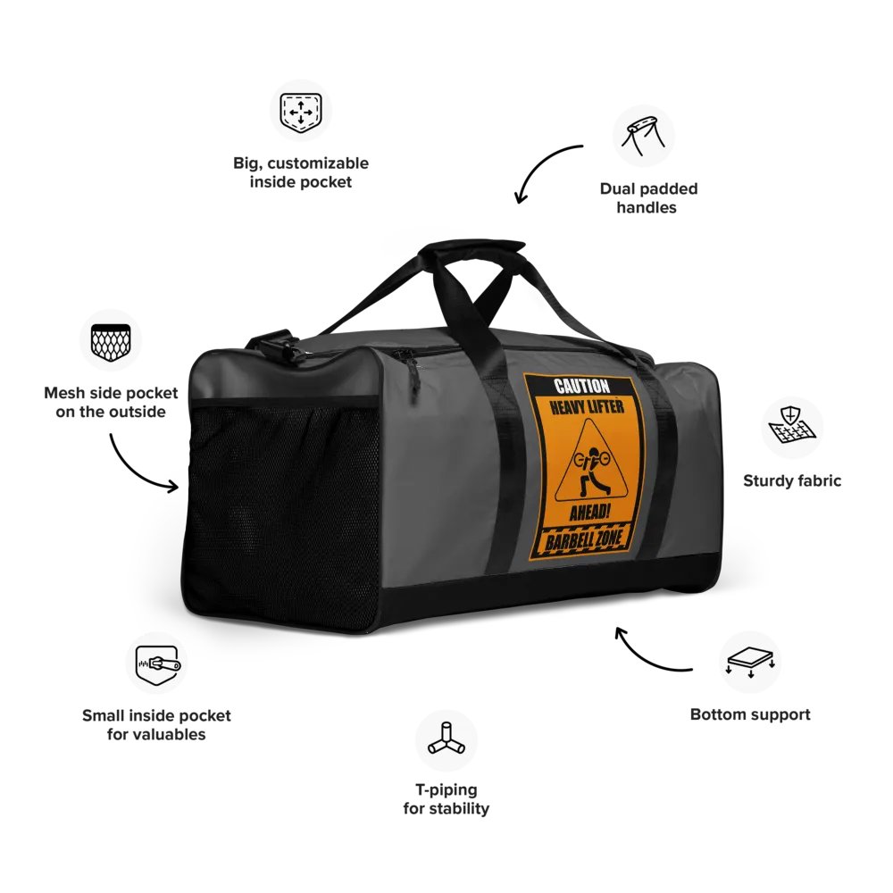 Caution Heavy Lifter Ahead-Barbell Zone Duffle Bag (Dark Gray and Black) product image (10)