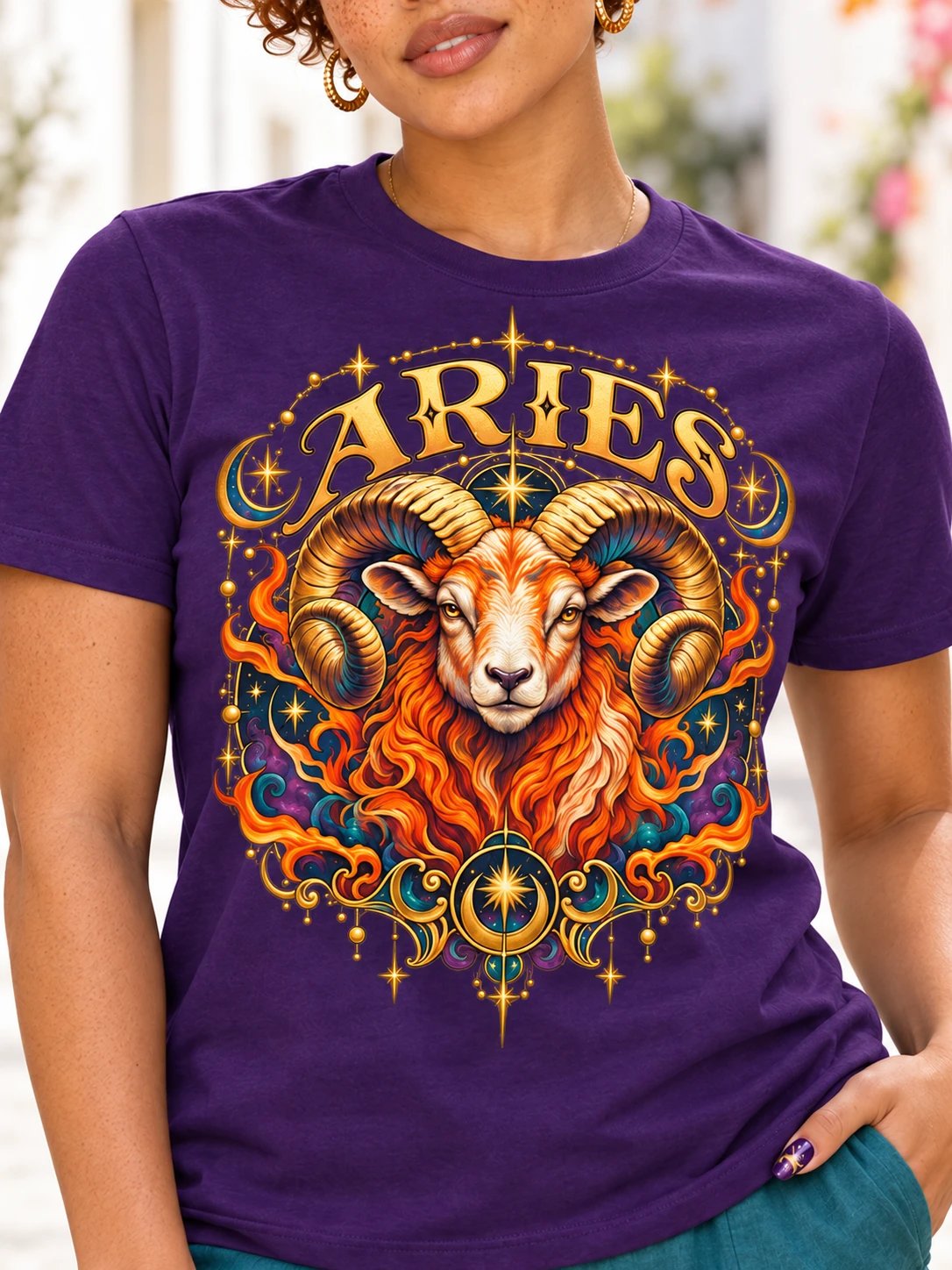 Aries Zodiac T-Shirt With Fiery Ram and Celestial Stars product image (1)