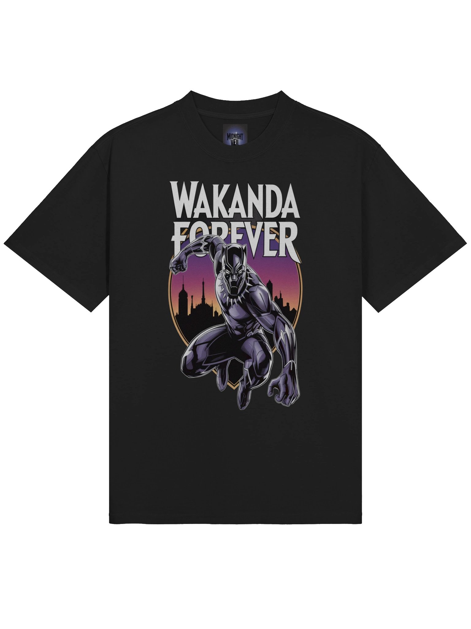 Black Panther Wakanda Forever Oversized Faded T-Shirt – Vibranium Sunset Sentinel product image (5)