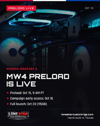 MW4 preload is LIVE. 📥

🗓️ Preload: Oct 15, 9 AM PT
🗓️ Campaign early access: Oct 16
🗓️ Full launch: Oct 23
💾 115GB, SSD requ...
