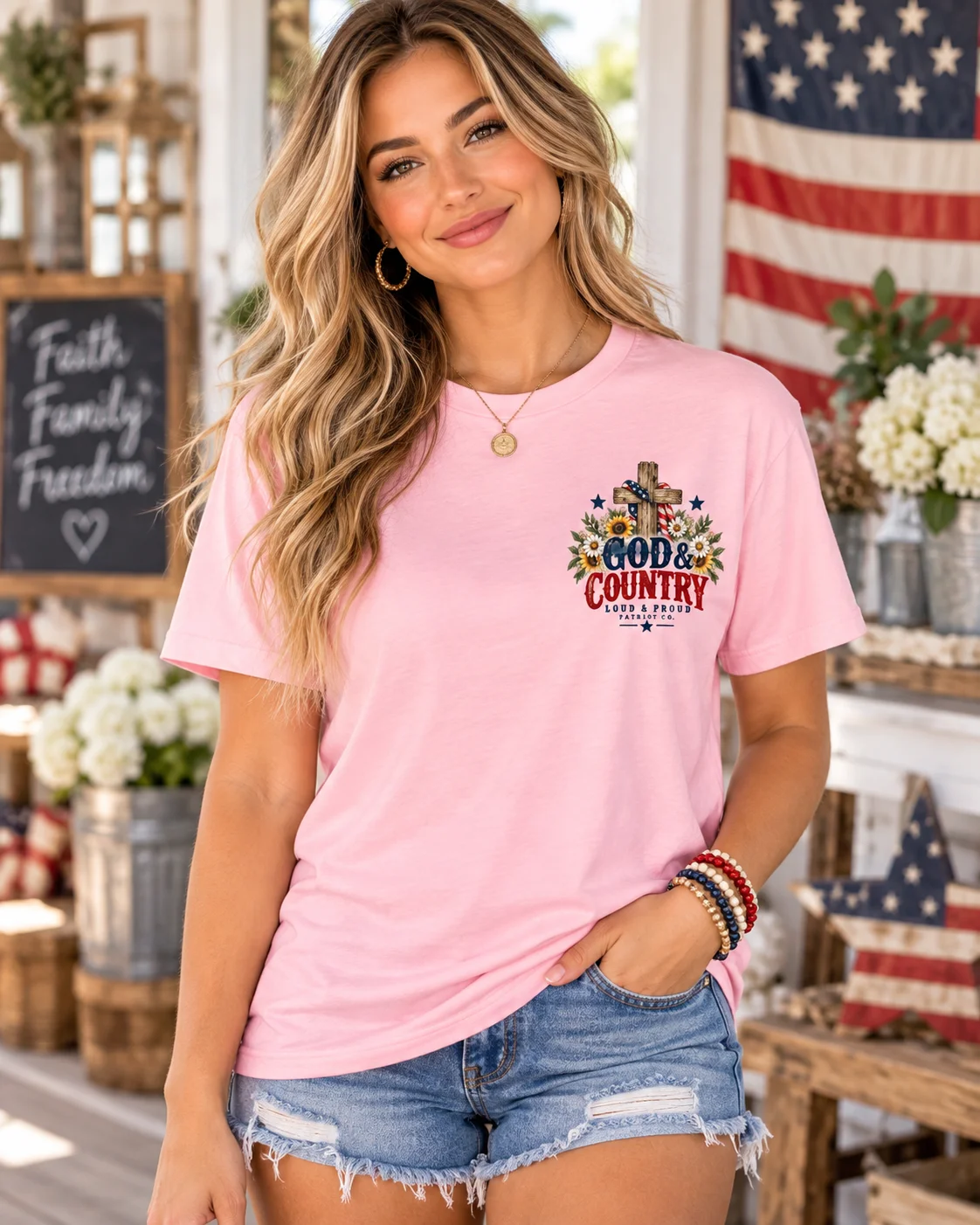 God & Country – Women's Patriotic Graphic Tee | Light Pink Bella+Canvas product image (2)