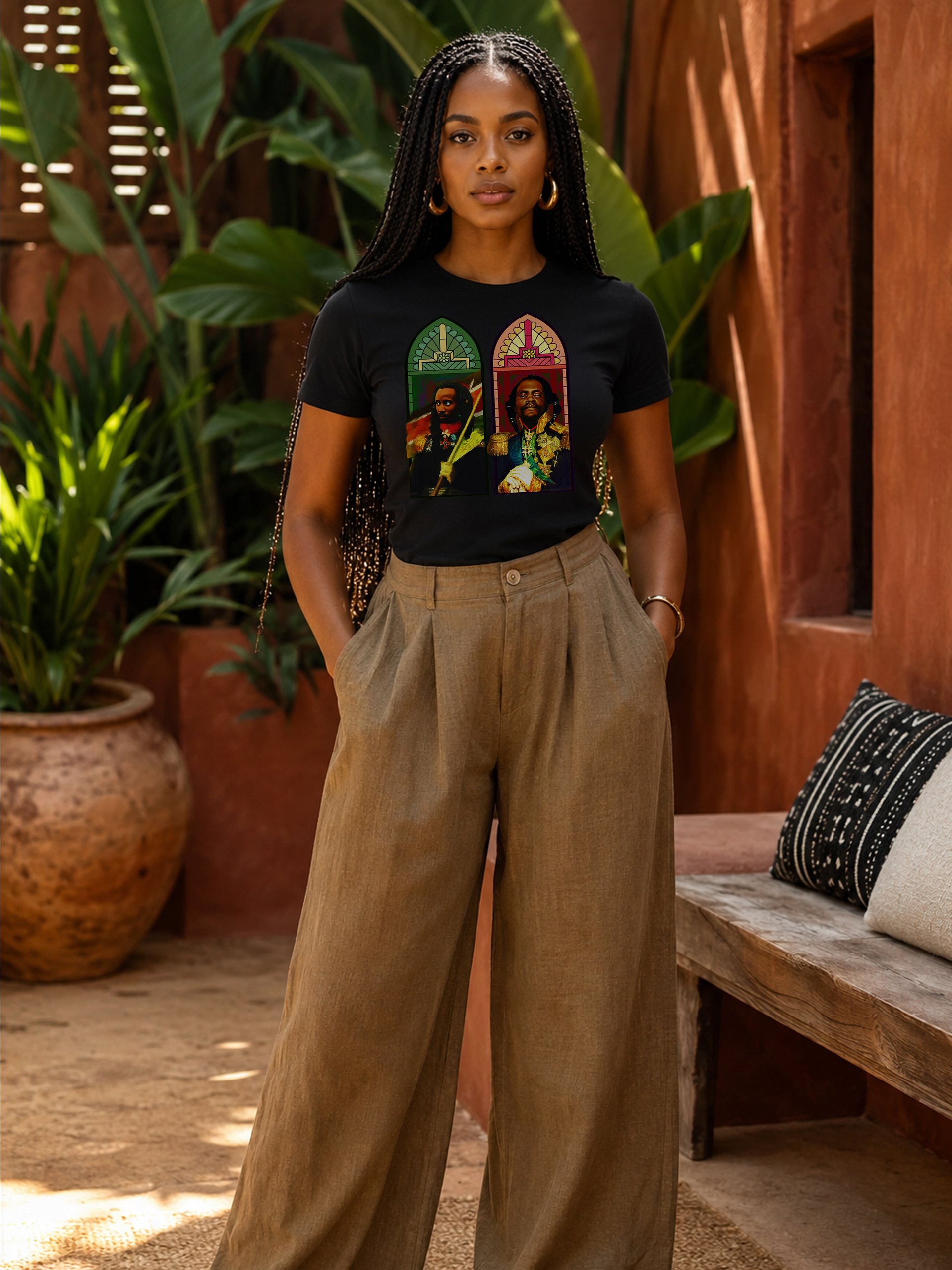 Dedan Kimathi & Musa Mwariama Stained Glass Tee – Mau Mau Freedom Fighters Pan-African Cathedral Art | Kenya History T-Shirt product image (3)